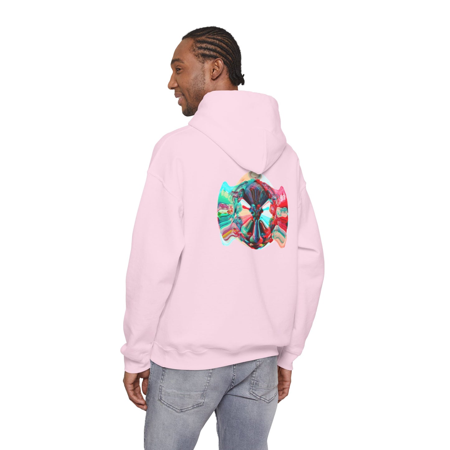 Hoodie — AMRU Minimal Front Logo & Colorful Abstract Back Art