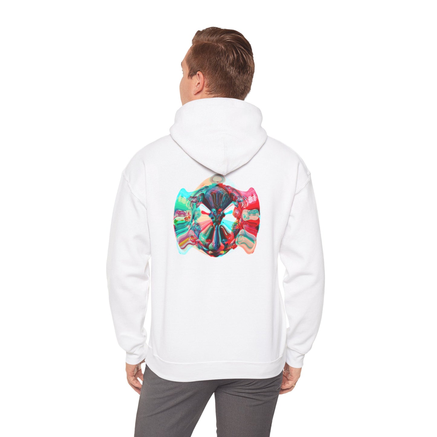 Hoodie — AMRU Minimal Front Logo & Colorful Abstract Back Art