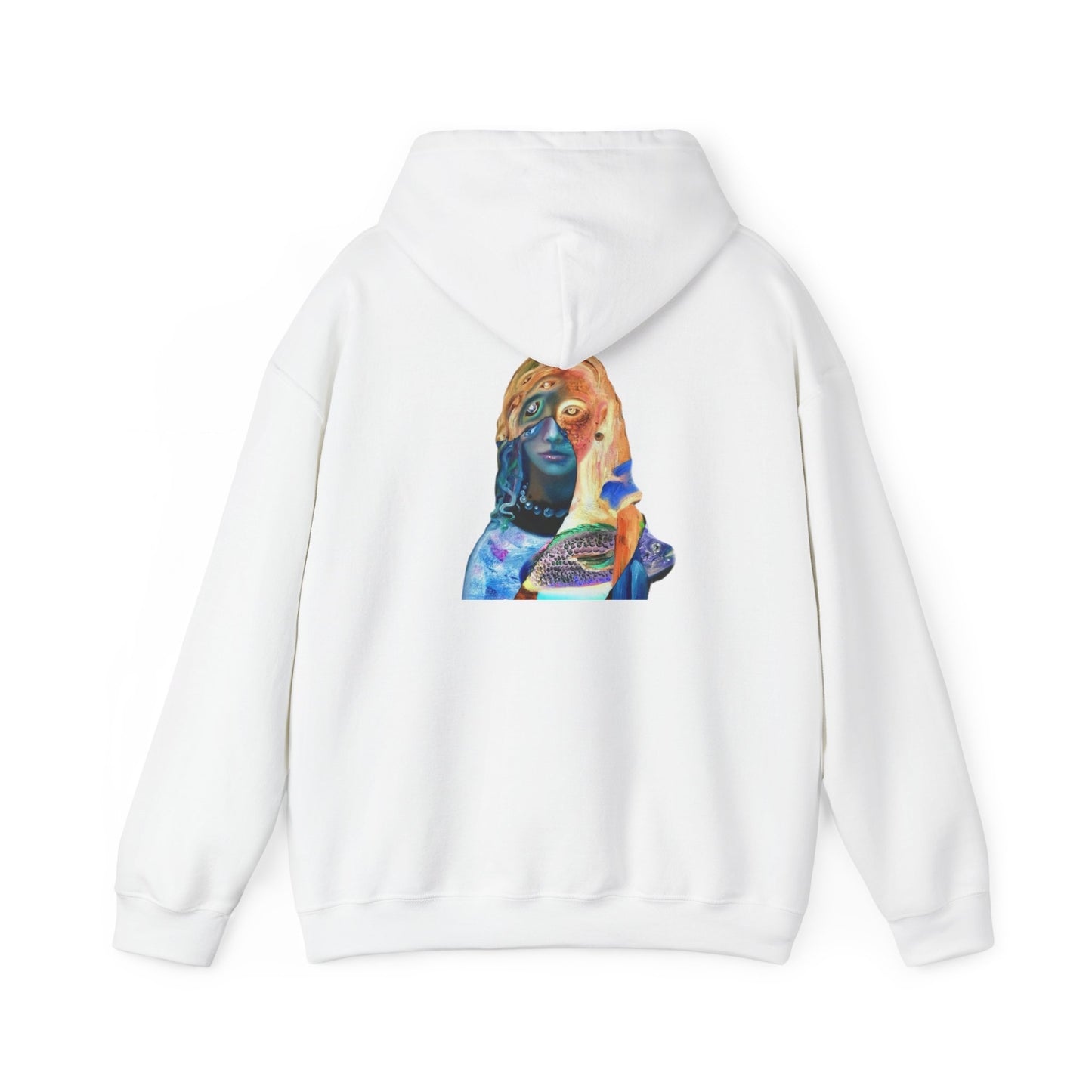 Surreal Portrait Hoodie — 'AMRU' Minimal Front, Colorful Cosmic Back Art