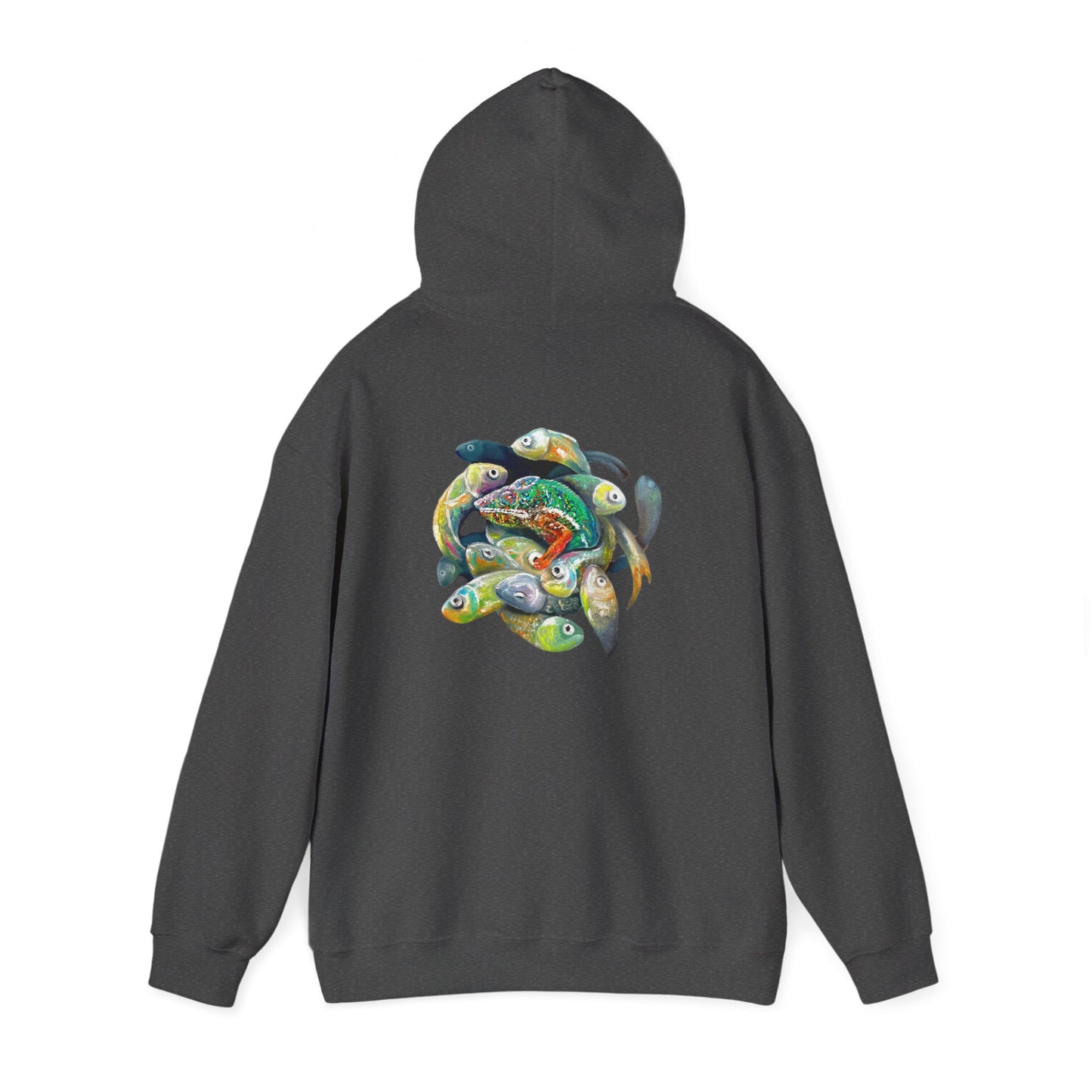 Fish Ring Hoodie – AMRU Minimal Front Logo Pullover with Colorful Koi Back Art