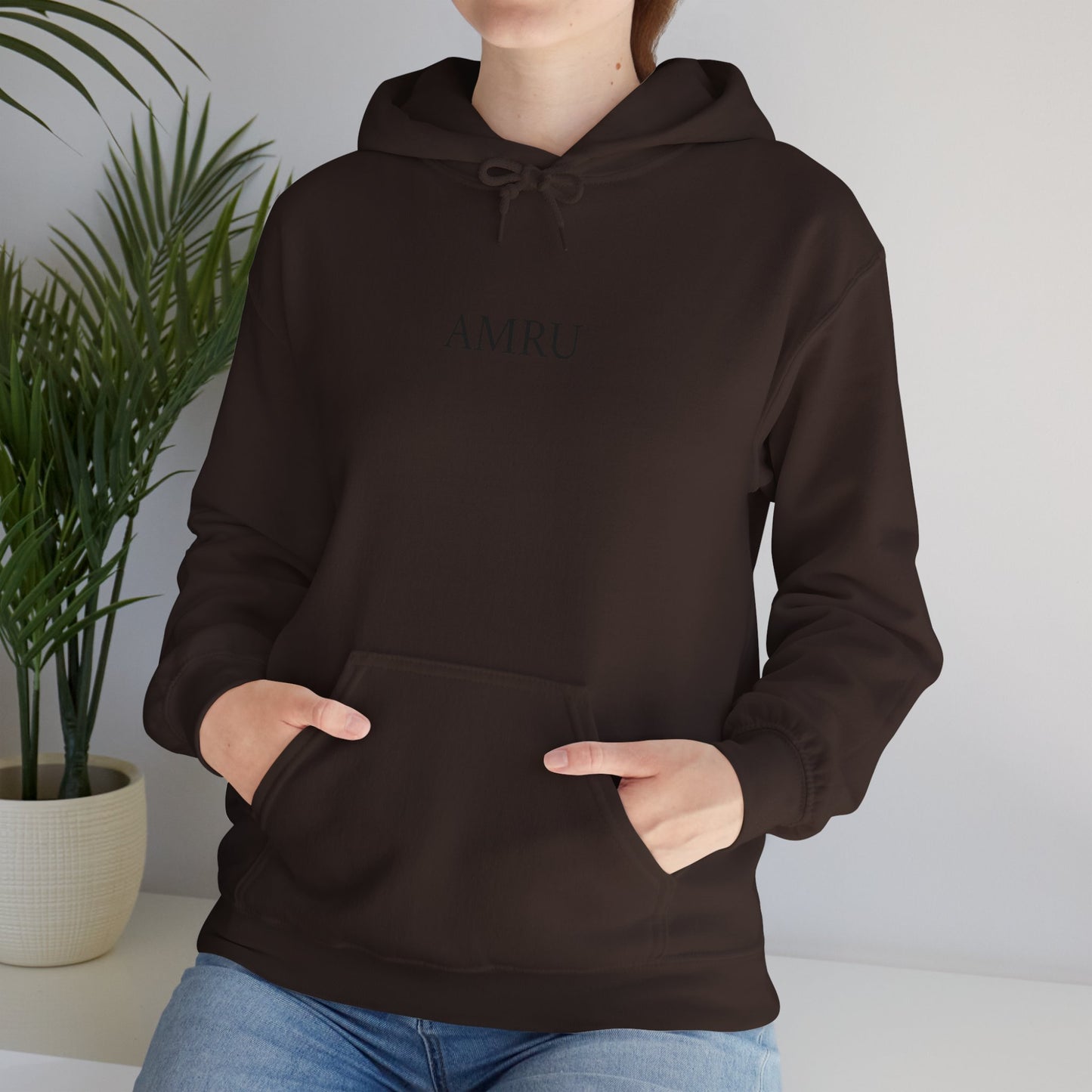 Hoodie — AMRU Minimal Front Logo & Colorful Abstract Back Art