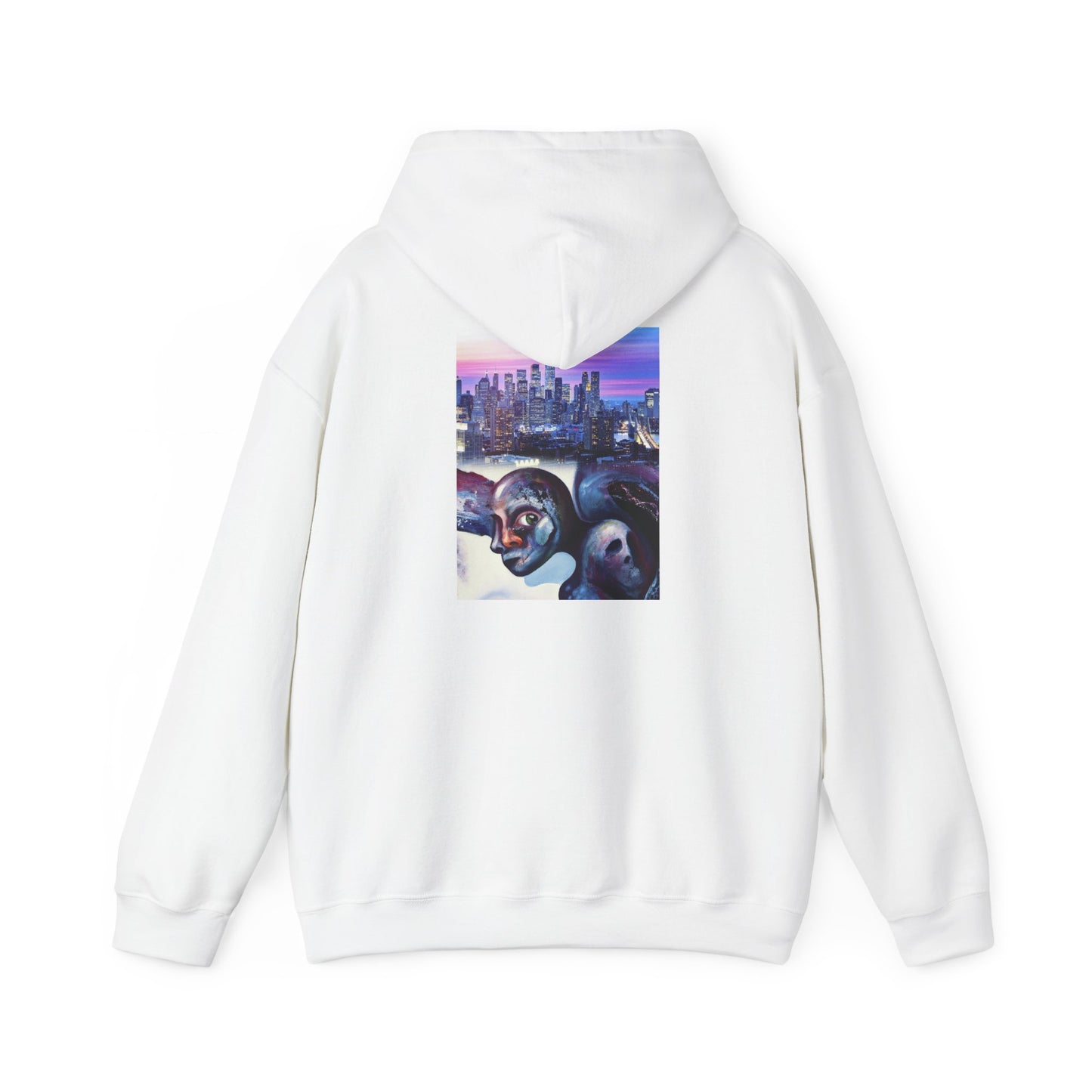 AMRU Minimal Front Logo Hoodie with Surreal Cityscape Back Graphic