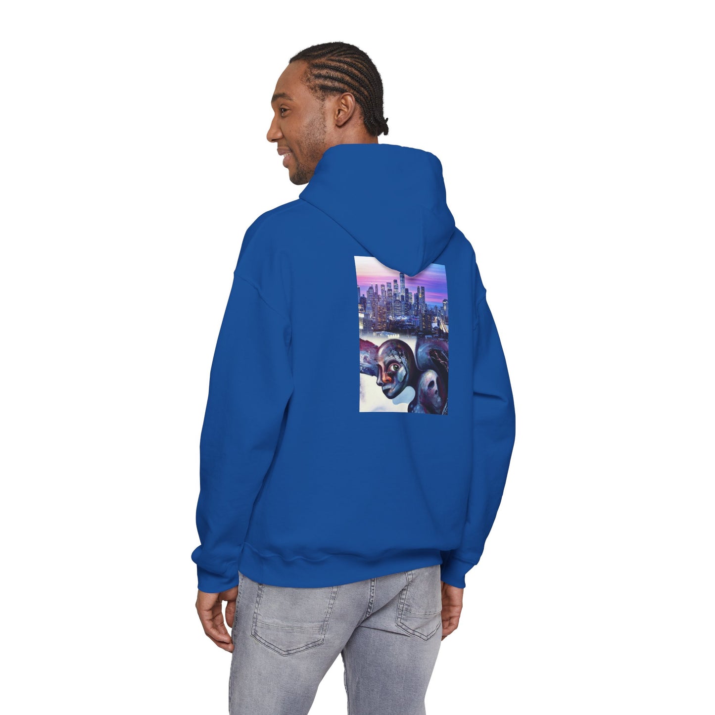 AMRU Minimal Front Logo Hoodie with Surreal Cityscape Back Graphic