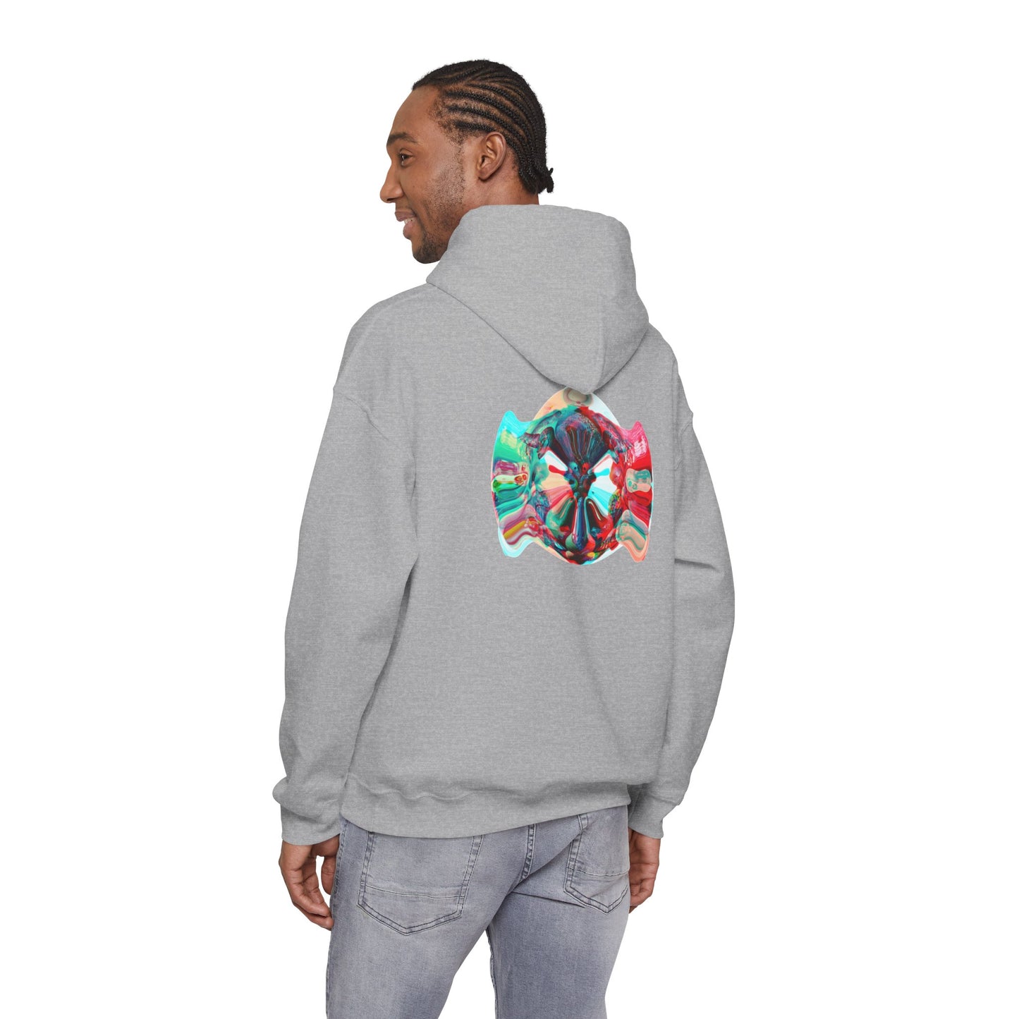 Hoodie — AMRU Minimal Front Logo & Colorful Abstract Back Art