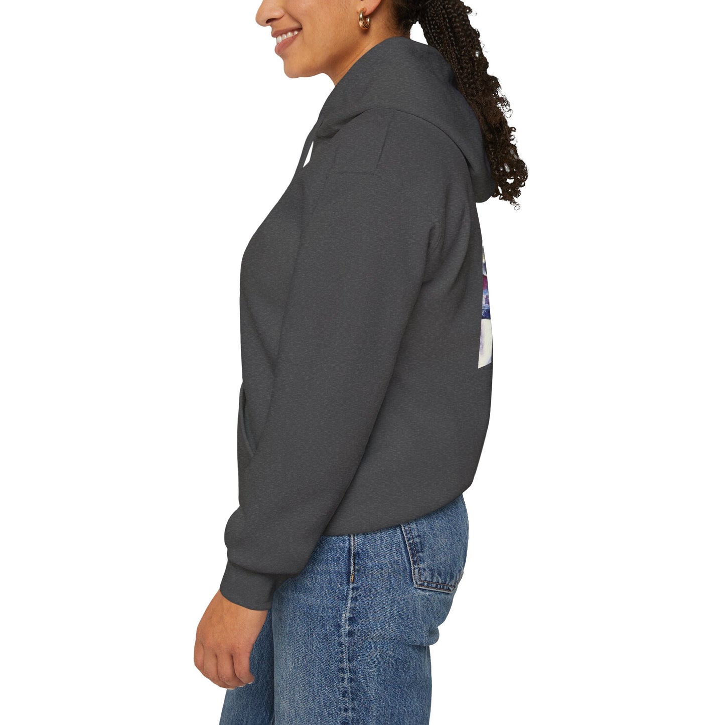 AMRU Minimal Front Logo Hoodie with Surreal Cityscape Back Graphic