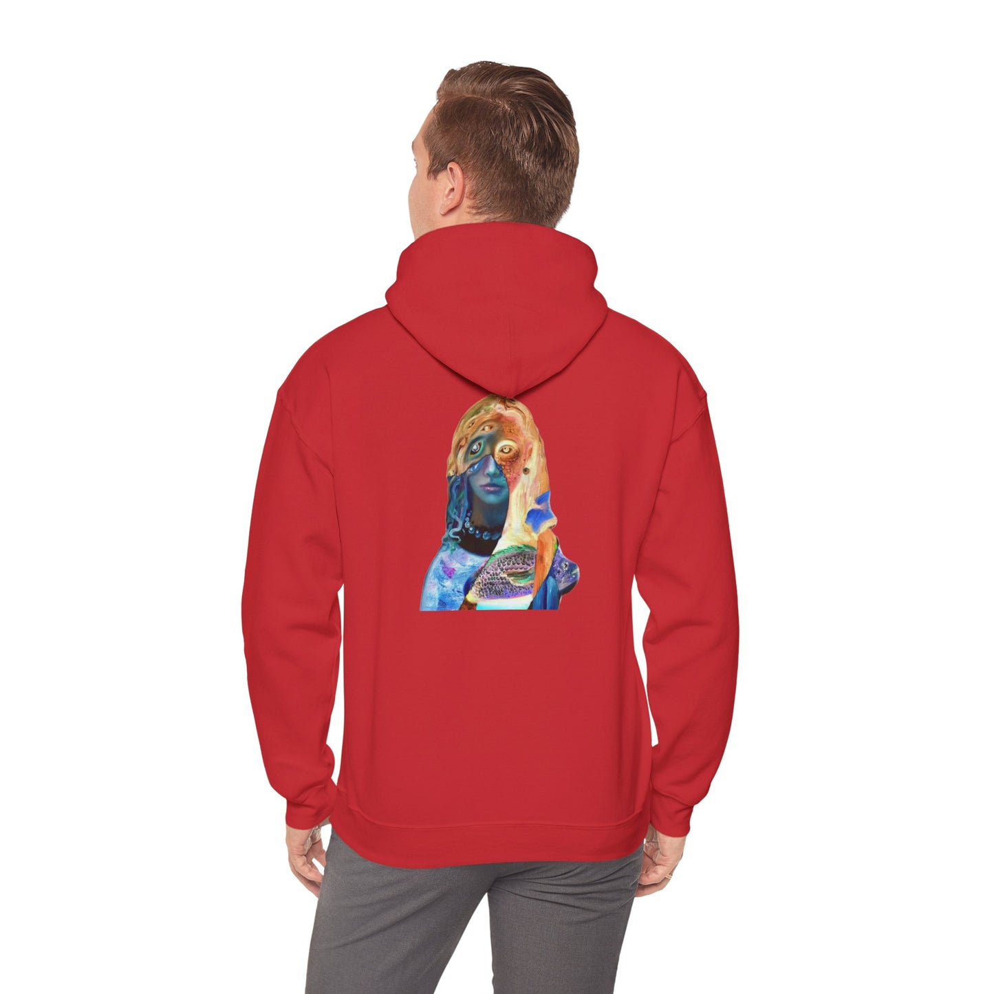 Surreal Portrait Hoodie — 'AMRU' Minimal Front, Colorful Cosmic Back Art