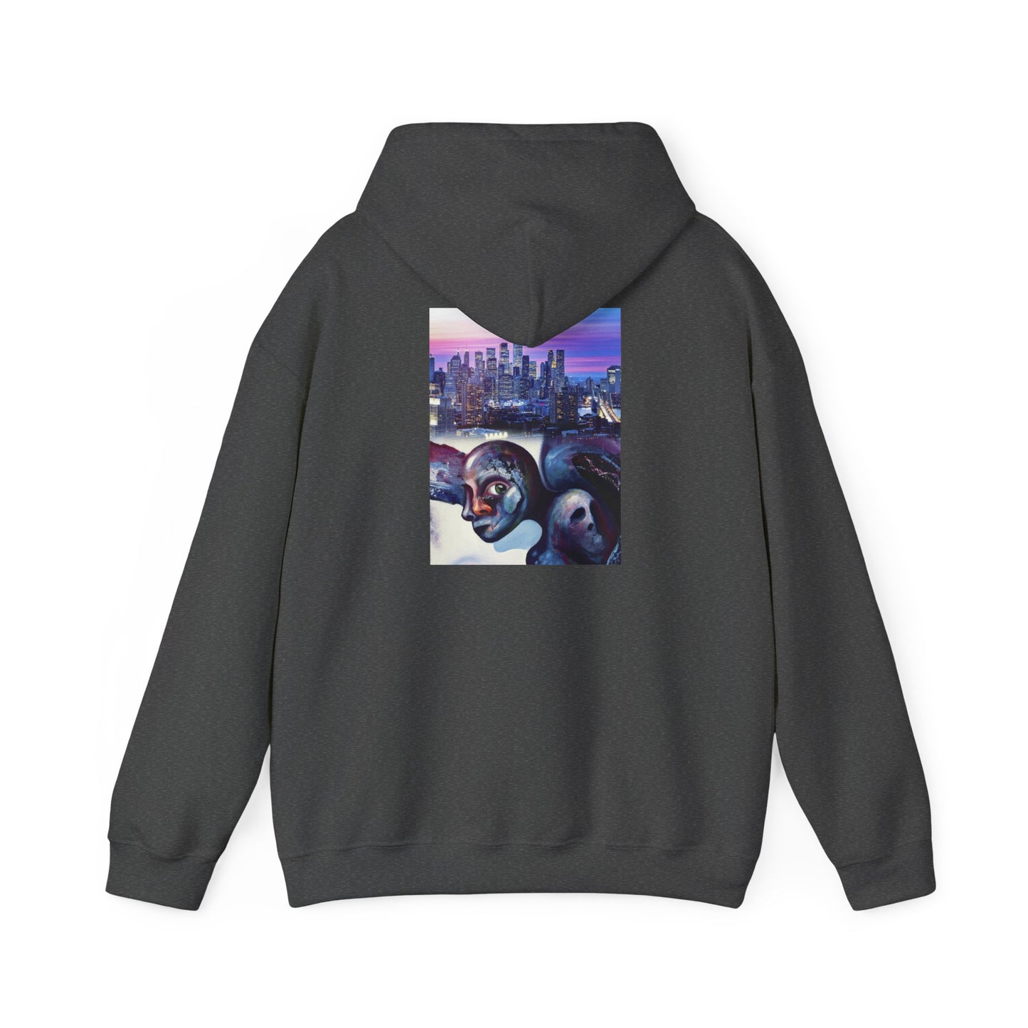 AMRU Minimal Front Logo Hoodie with Surreal Cityscape Back Graphic