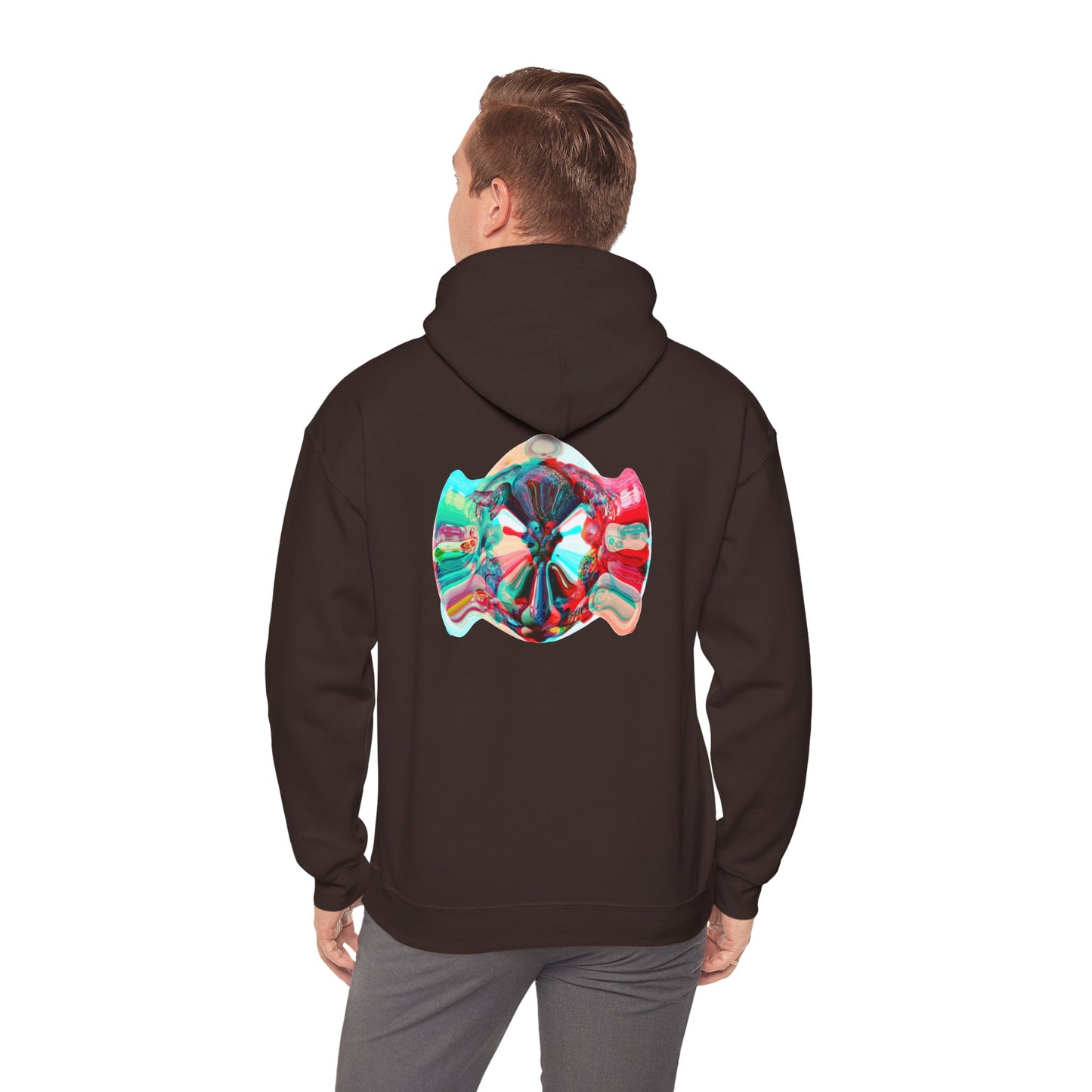Hoodie — AMRU Minimal Front Logo & Colorful Abstract Back Art