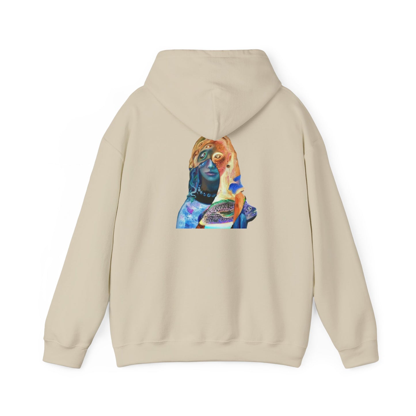 Surreal Portrait Hoodie — 'AMRU' Minimal Front, Colorful Cosmic Back Art