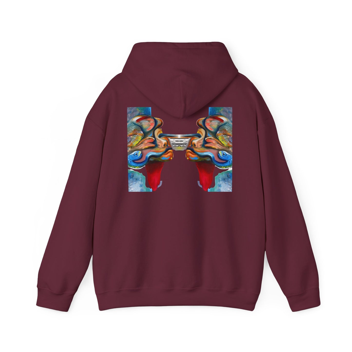 Abstract Face Mirror Hoodie — Colorful Surreal Art Pullover (AMRU)
