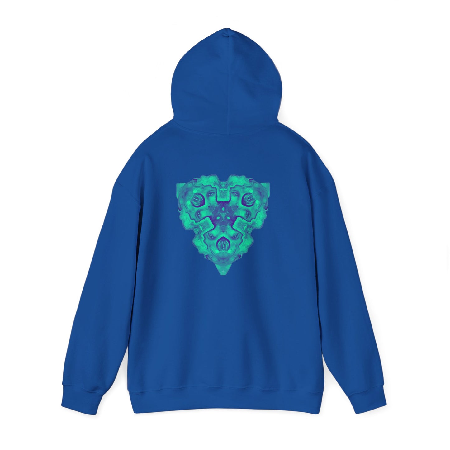 AMRU Minimal Logo Hoodie — Geometric Teal Mandala Back Graphic