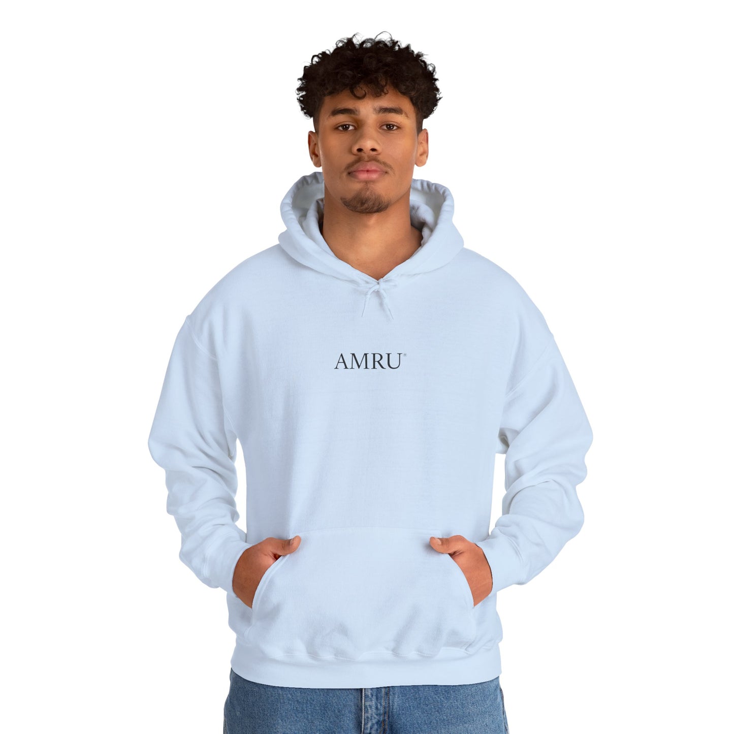 Hoodie — AMRU Minimal Front Logo & Colorful Abstract Back Art