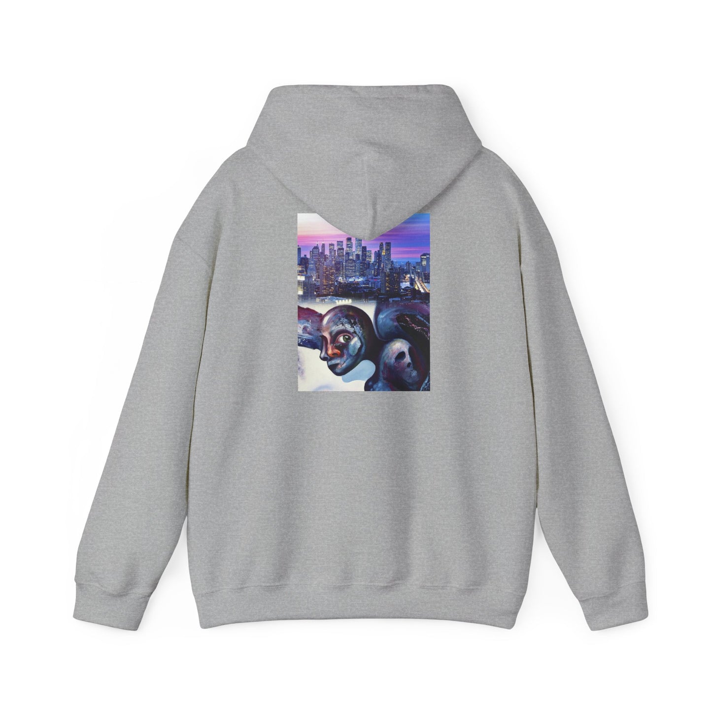 AMRU Minimal Front Logo Hoodie with Surreal Cityscape Back Graphic