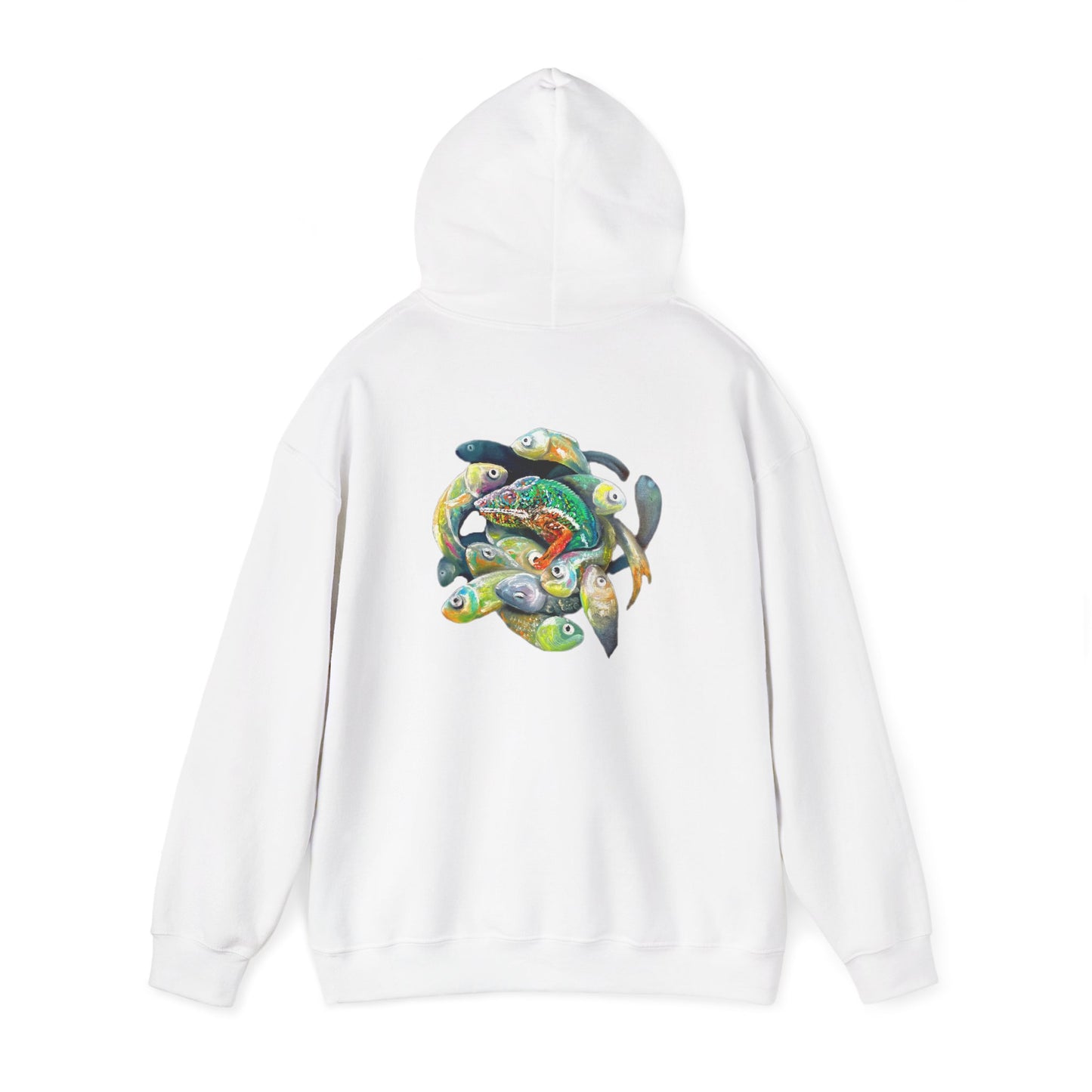 Fish Ring Hoodie – AMRU Minimal Front Logo Pullover with Colorful Koi Back Art