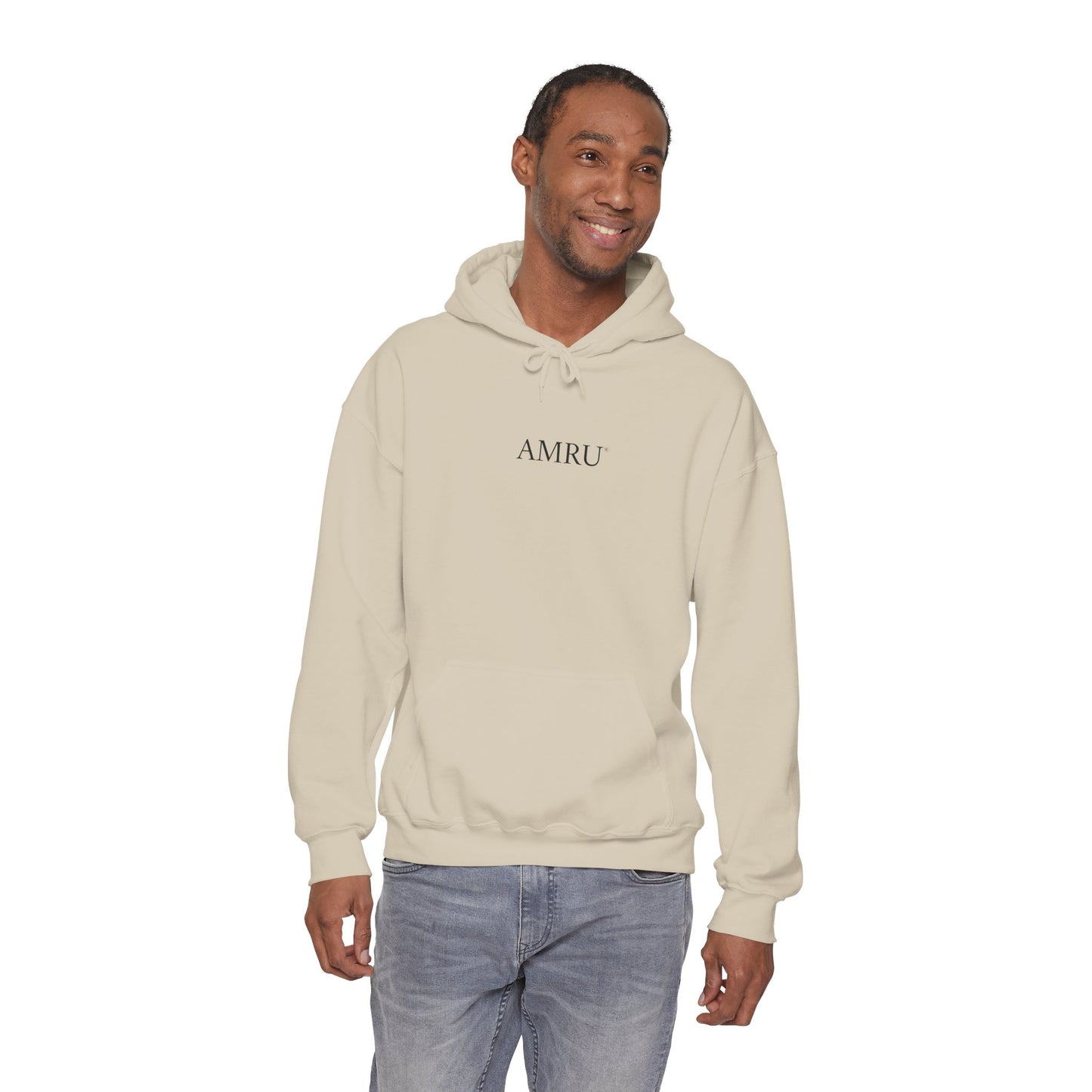 Surreal Portrait Hoodie — 'AMRU' Minimal Front, Colorful Cosmic Back Art