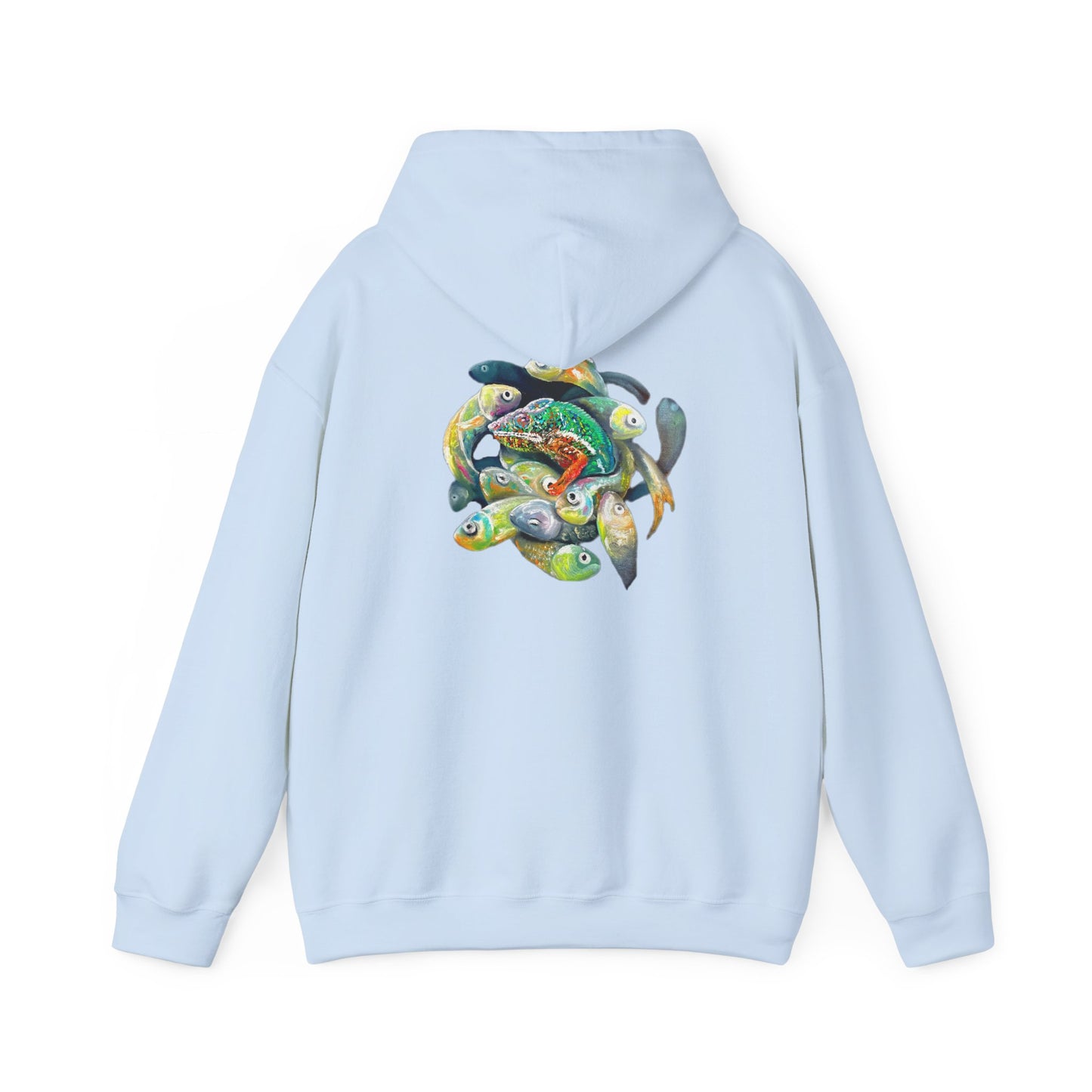Fish Ring Hoodie – AMRU Minimal Front Logo Pullover with Colorful Koi Back Art