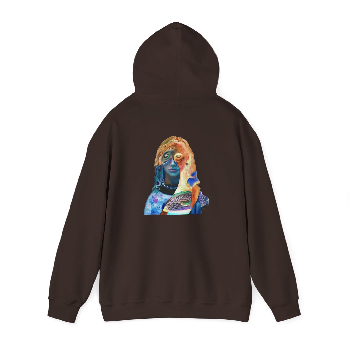 Surreal Portrait Hoodie — 'AMRU' Minimal Front, Colorful Cosmic Back Art