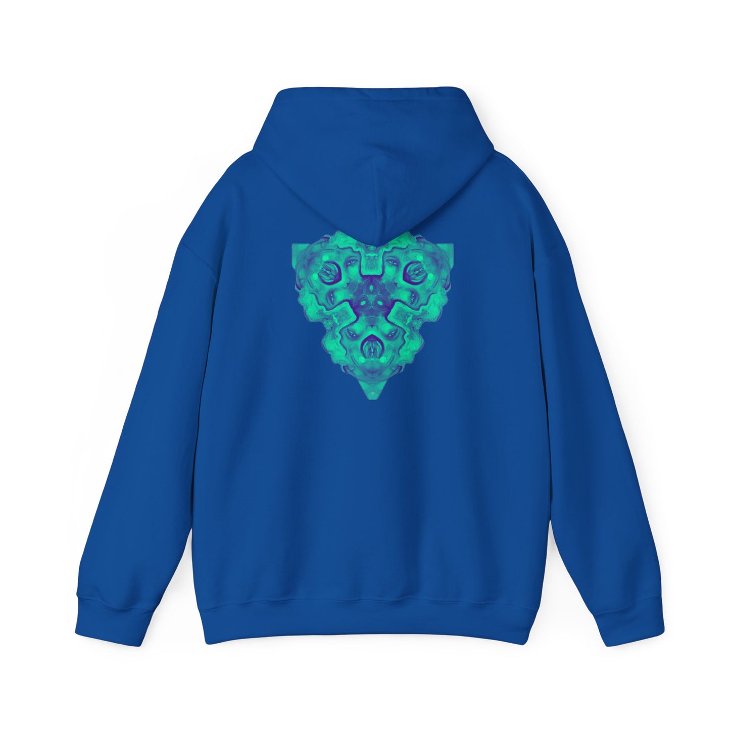 AMRU Minimal Logo Hoodie — Geometric Teal Mandala Back Graphic