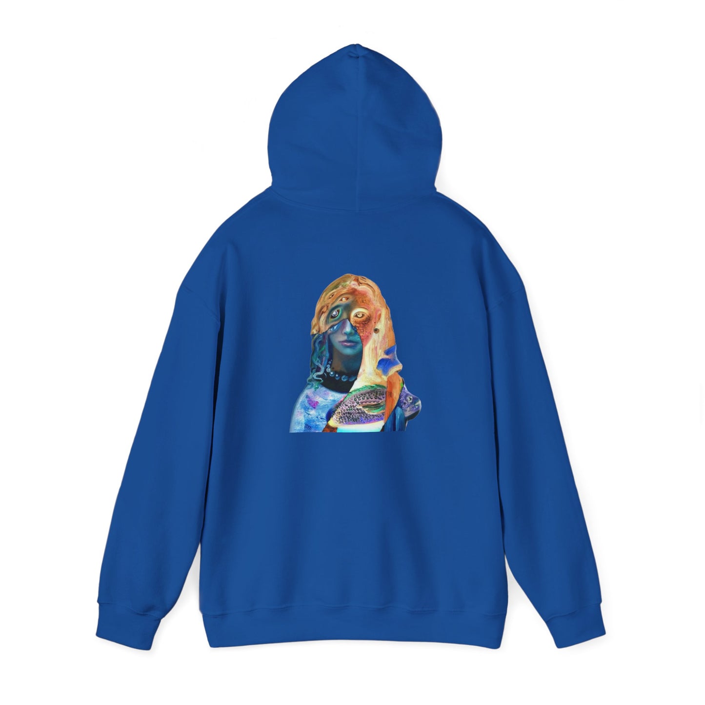 Surreal Portrait Hoodie — 'AMRU' Minimal Front, Colorful Cosmic Back Art