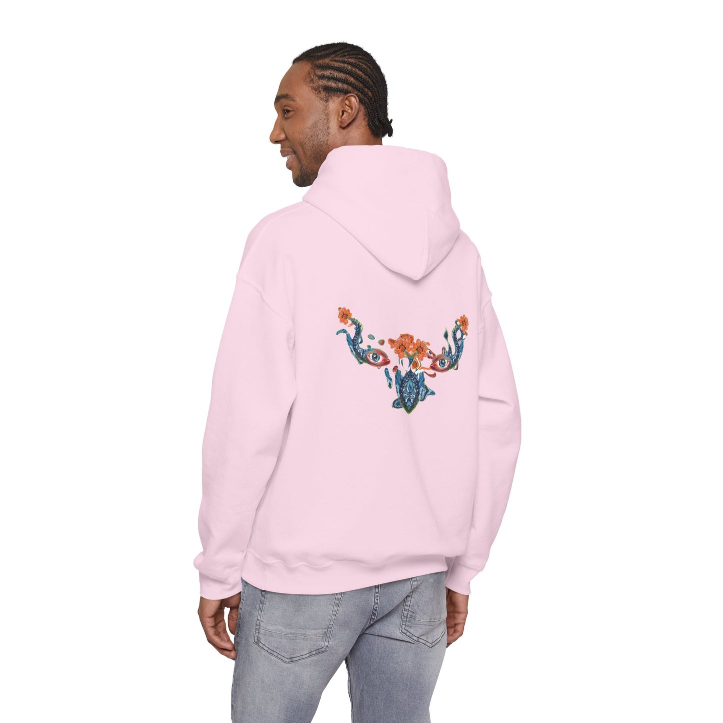 Floral Vine AMRU Hoodie — Minimal Logo Front, Embroidered Floral Back Sweatshirt