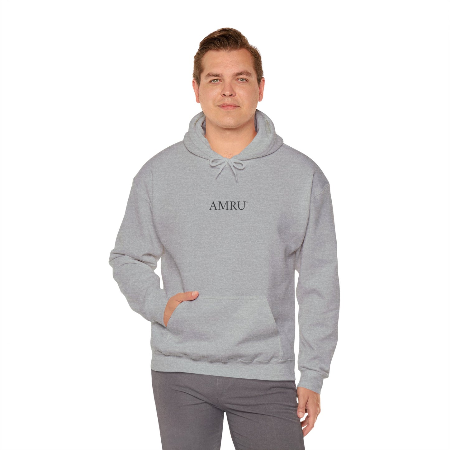 AMRU Minimal Logo Hoodie — Geometric Teal Mandala Back Graphic