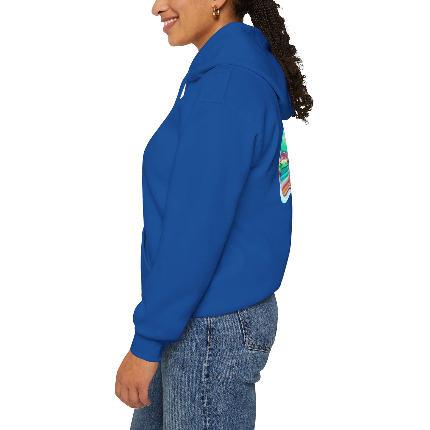 Hoodie — AMRU Minimal Front Logo & Colorful Abstract Back Art