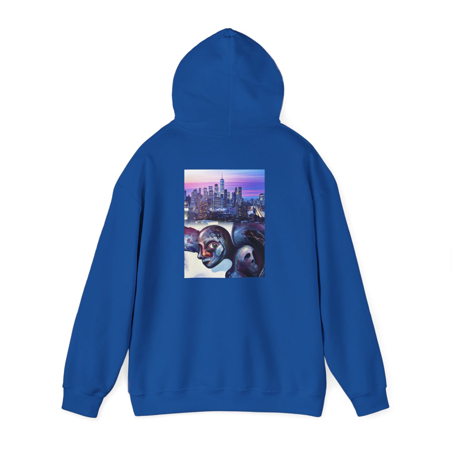 AMRU Minimal Front Logo Hoodie with Surreal Cityscape Back Graphic