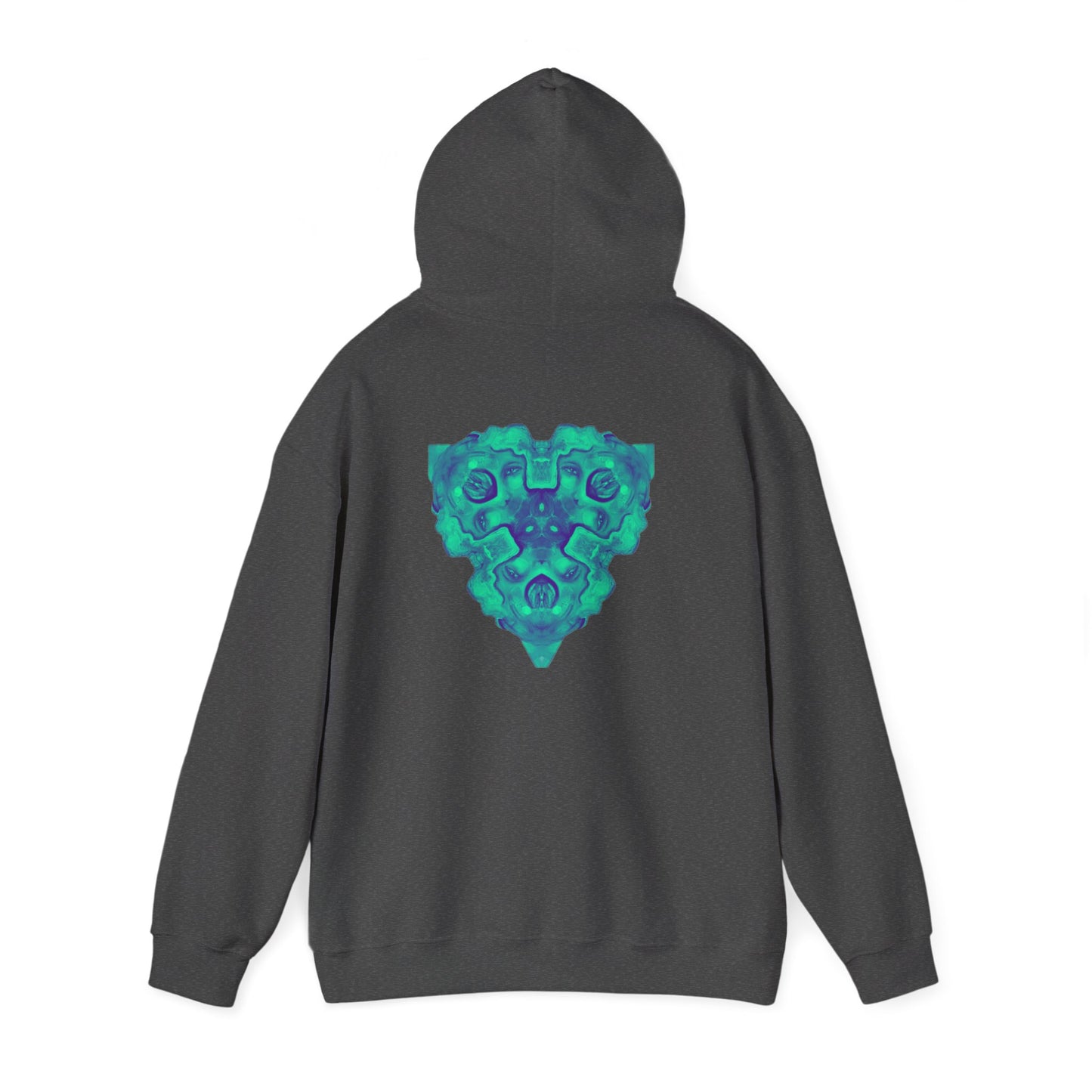 AMRU Minimal Logo Hoodie — Geometric Teal Mandala Back Graphic