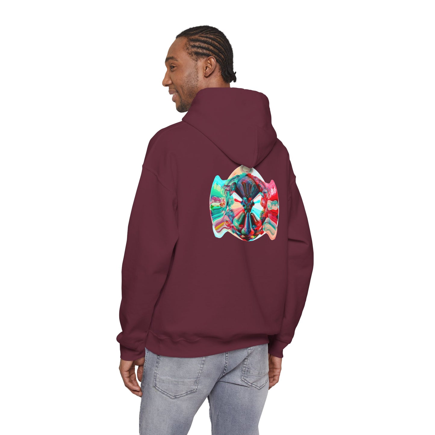 Hoodie — AMRU Minimal Front Logo & Colorful Abstract Back Art