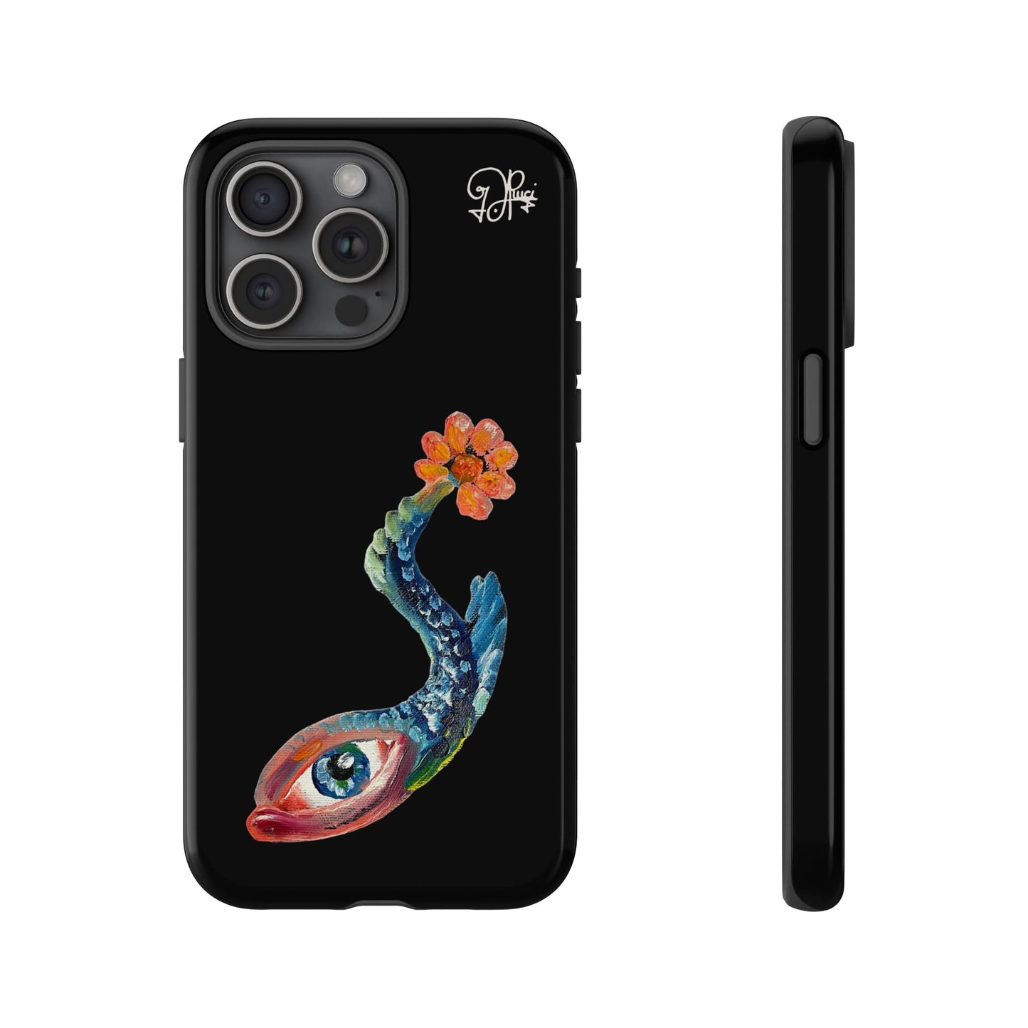 Koi Eye Tough Phone Case — Colorful Surreal Fish Design on Black