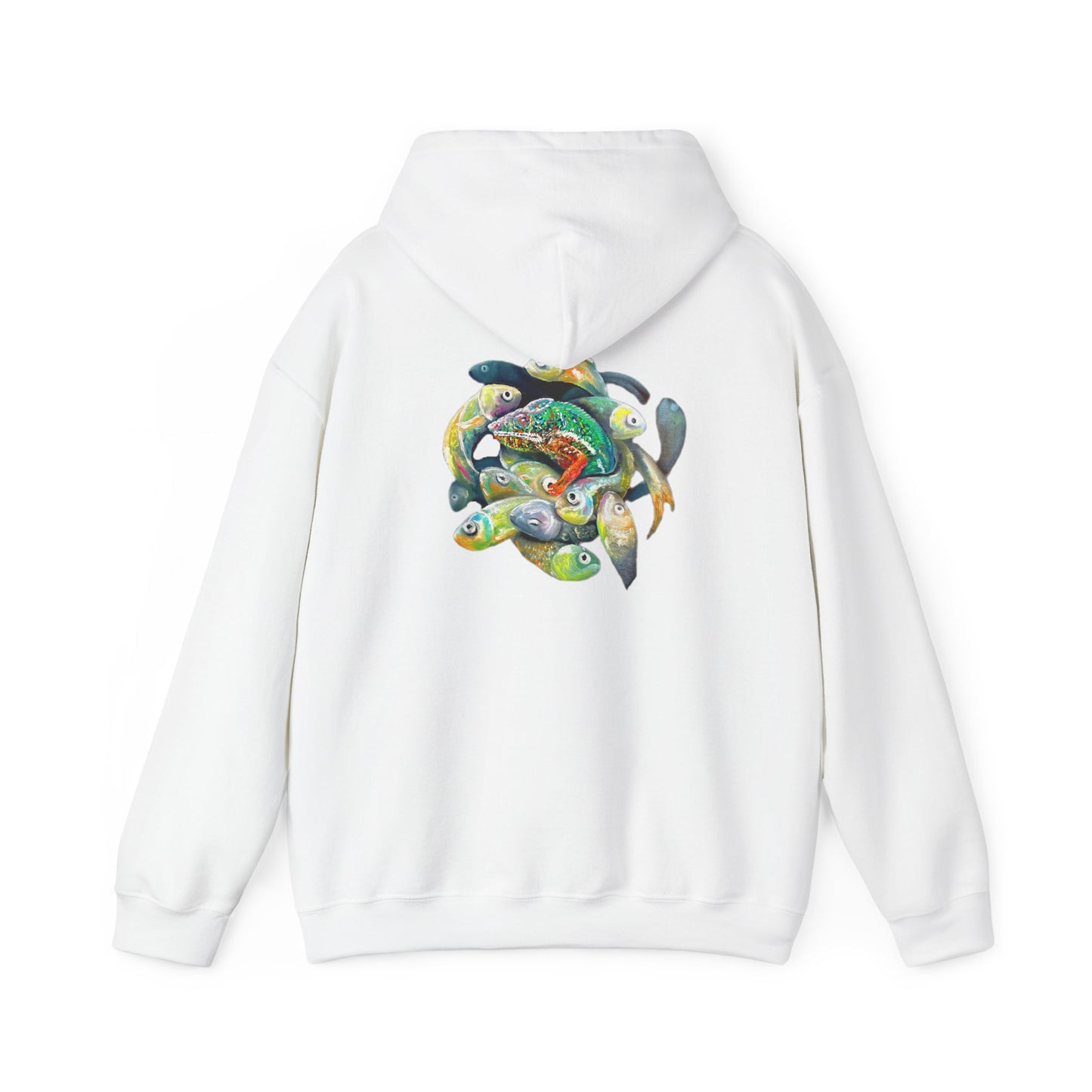 Fish Ring Hoodie – AMRU Minimal Front Logo Pullover with Colorful Koi Back Art