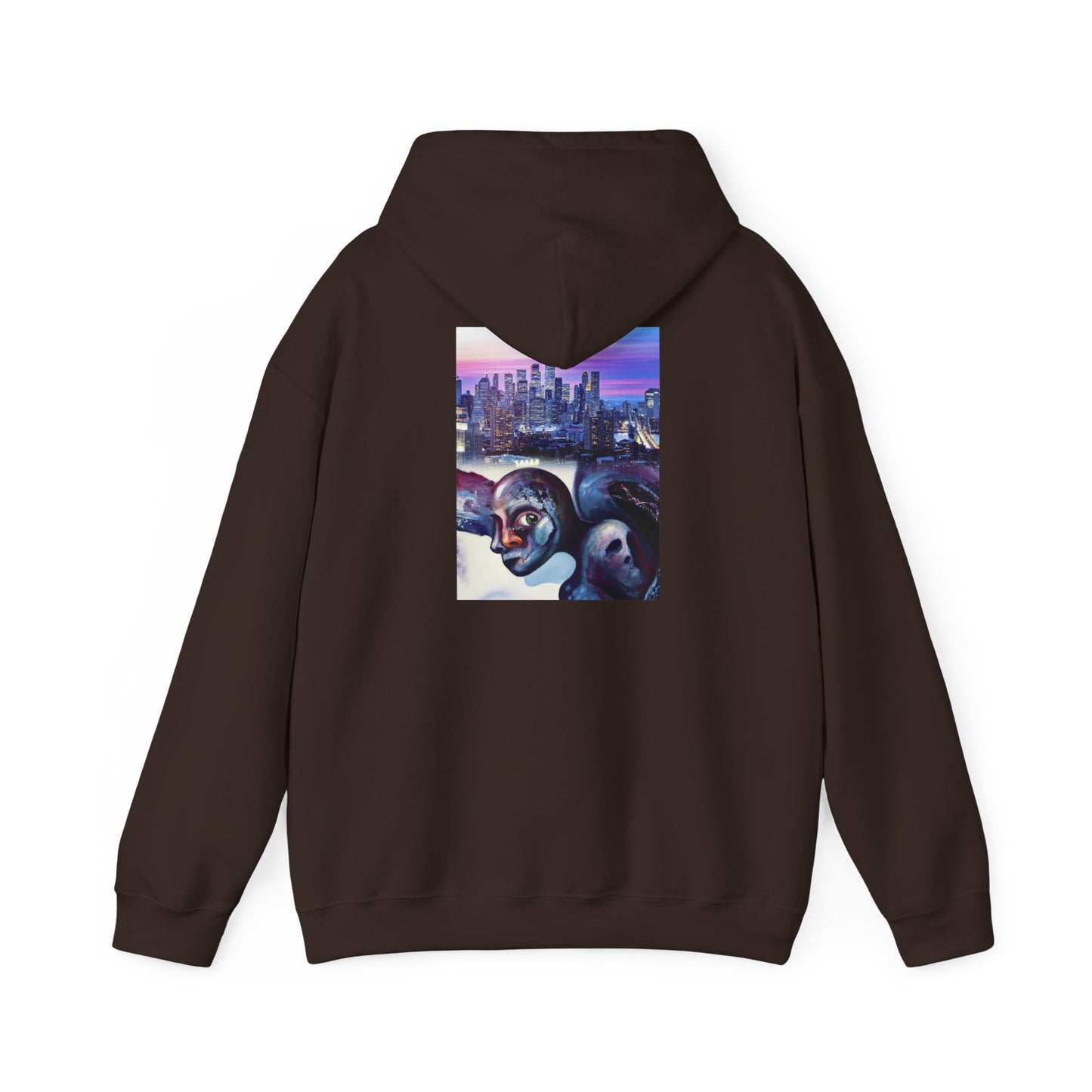AMRU Minimal Front Logo Hoodie with Surreal Cityscape Back Graphic