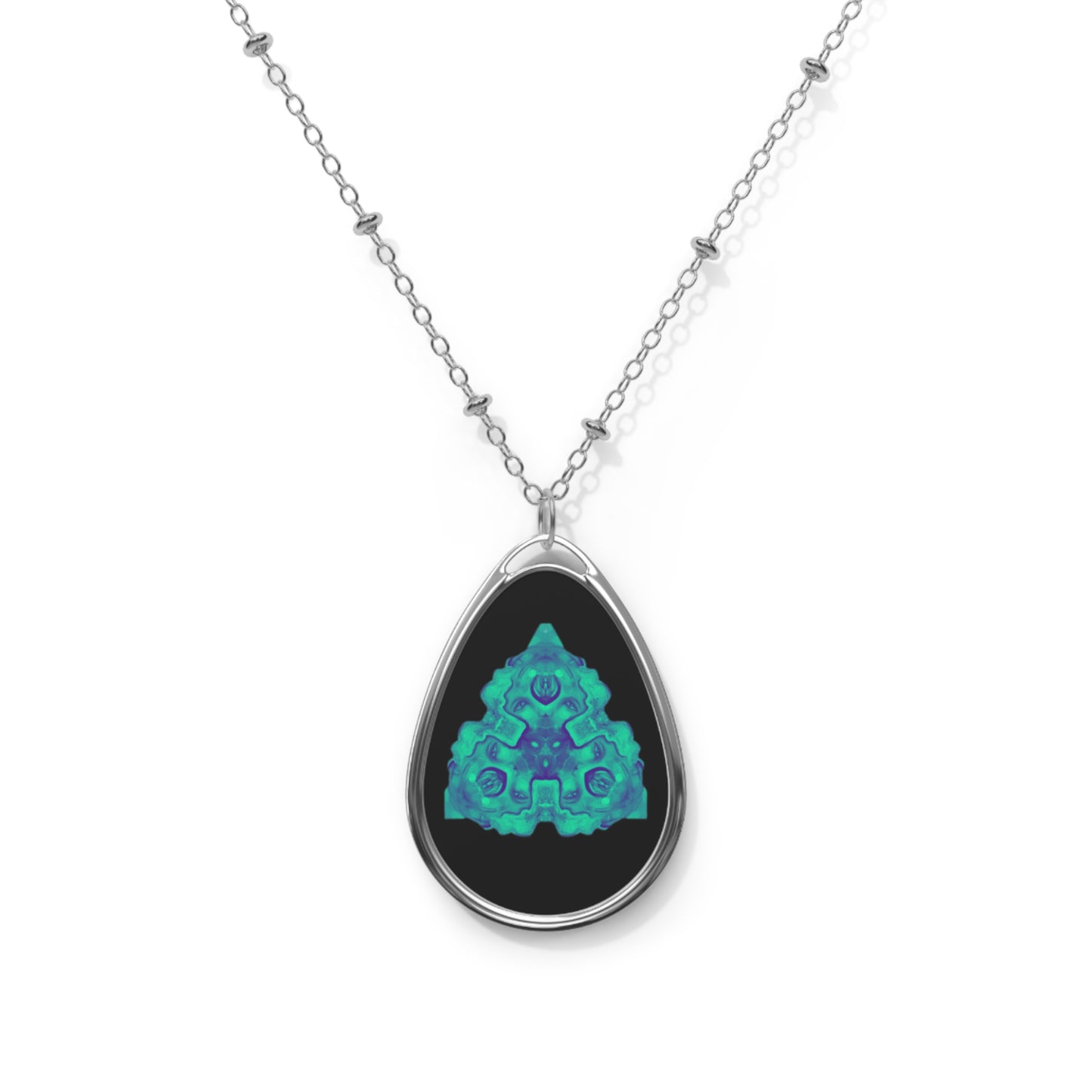 Teal Geo Mandala Oval Necklace — Silver Pendant Jewelry