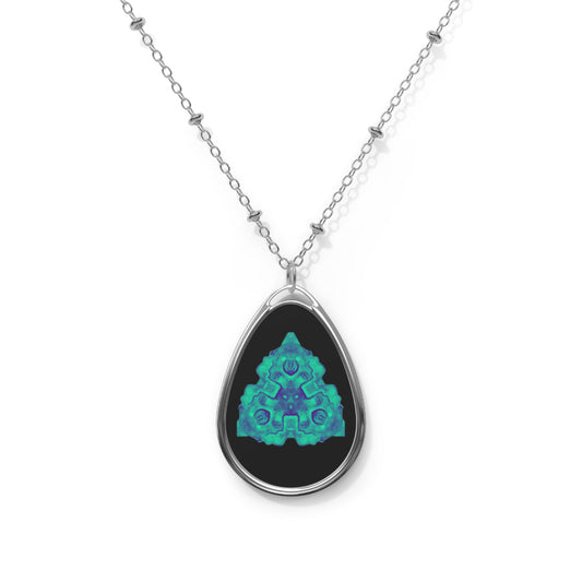 Teal Geo Mandala Oval Necklace — Silver Pendant Jewelry