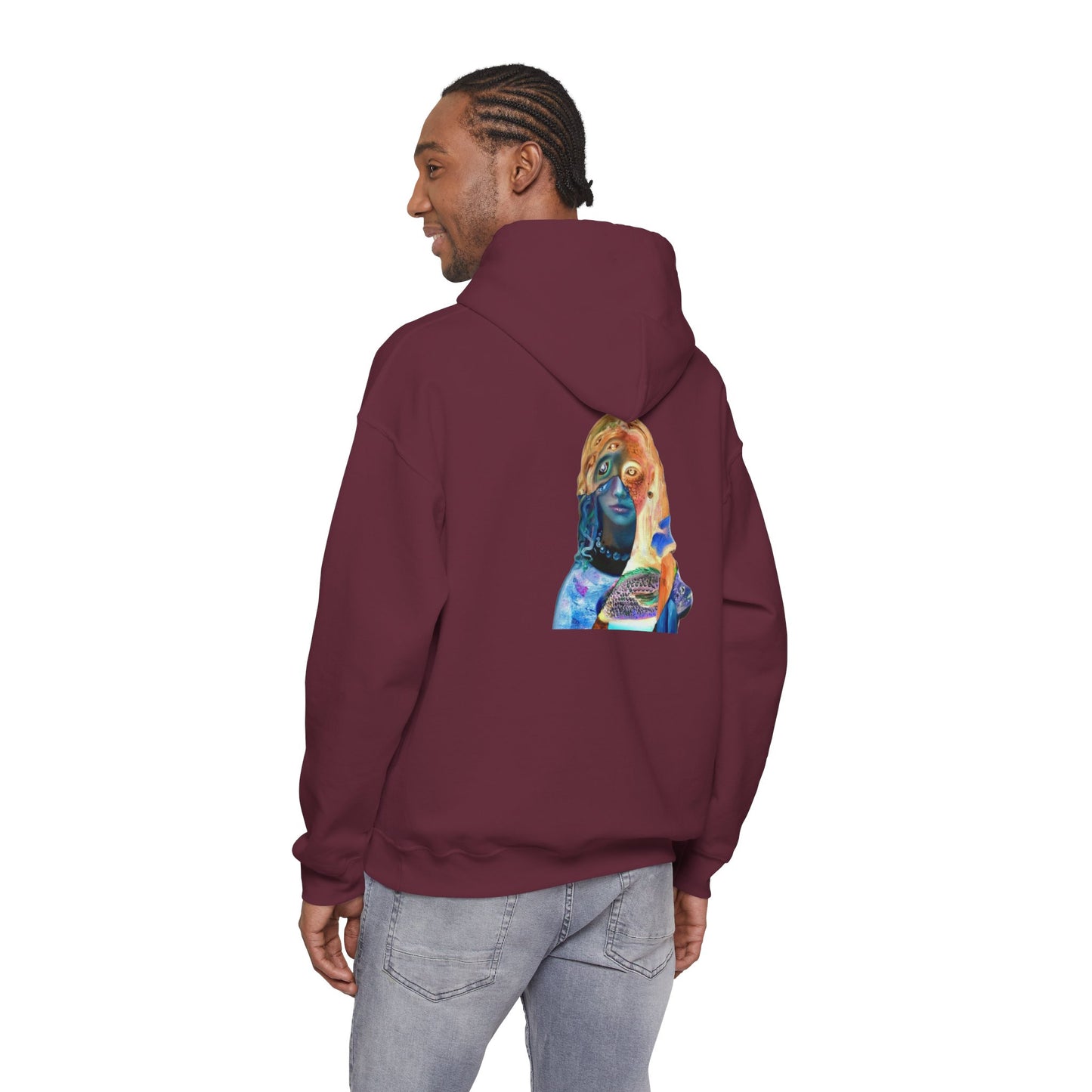 Surreal Portrait Hoodie — 'AMRU' Minimal Front, Colorful Cosmic Back Art