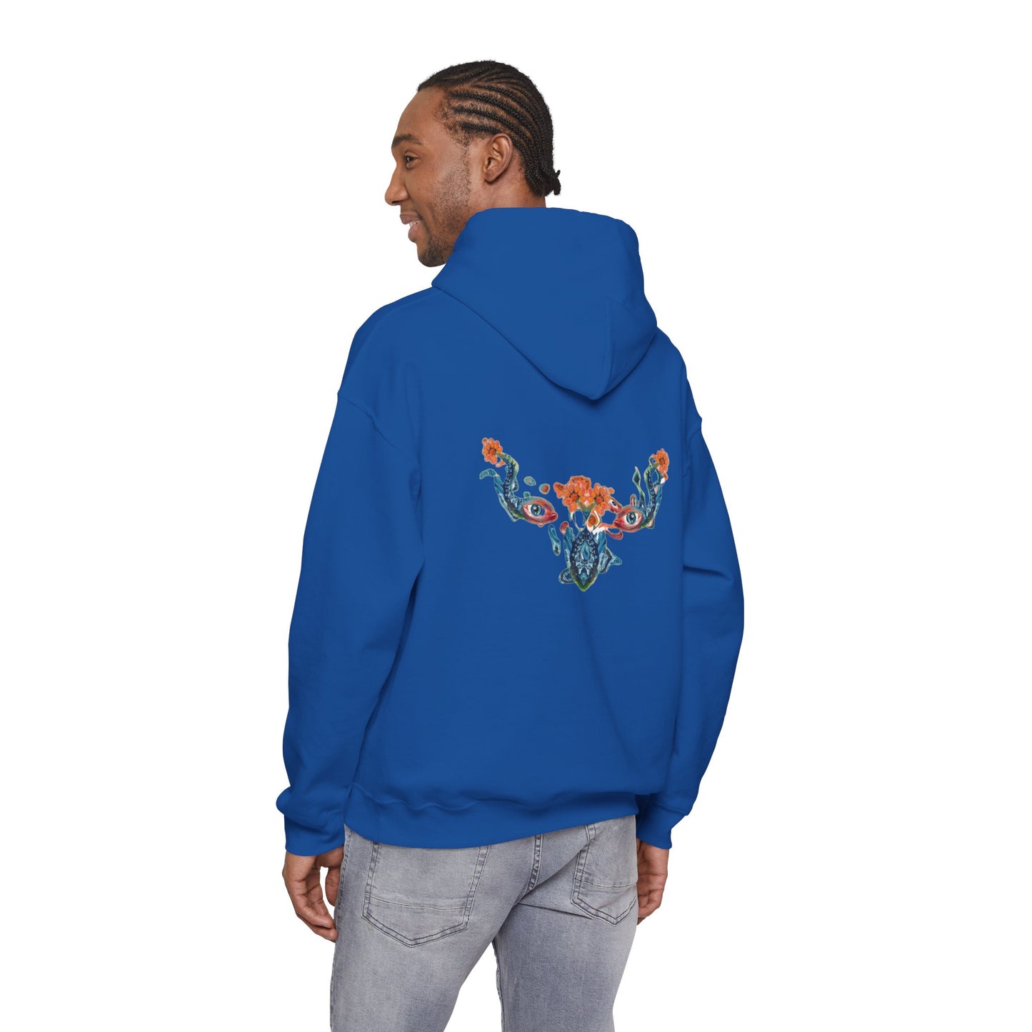 Floral Vine AMRU Hoodie — Minimal Logo Front, Embroidered Floral Back Sweatshirt