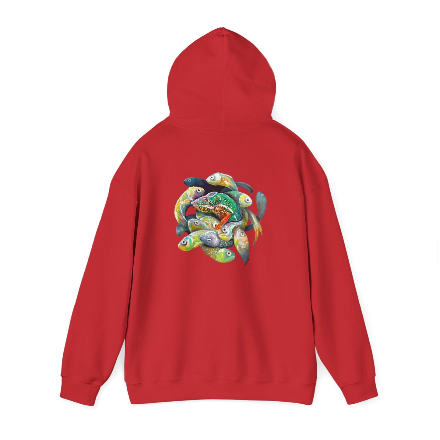 Fish Ring Hoodie – AMRU Minimal Front Logo Pullover with Colorful Koi Back Art