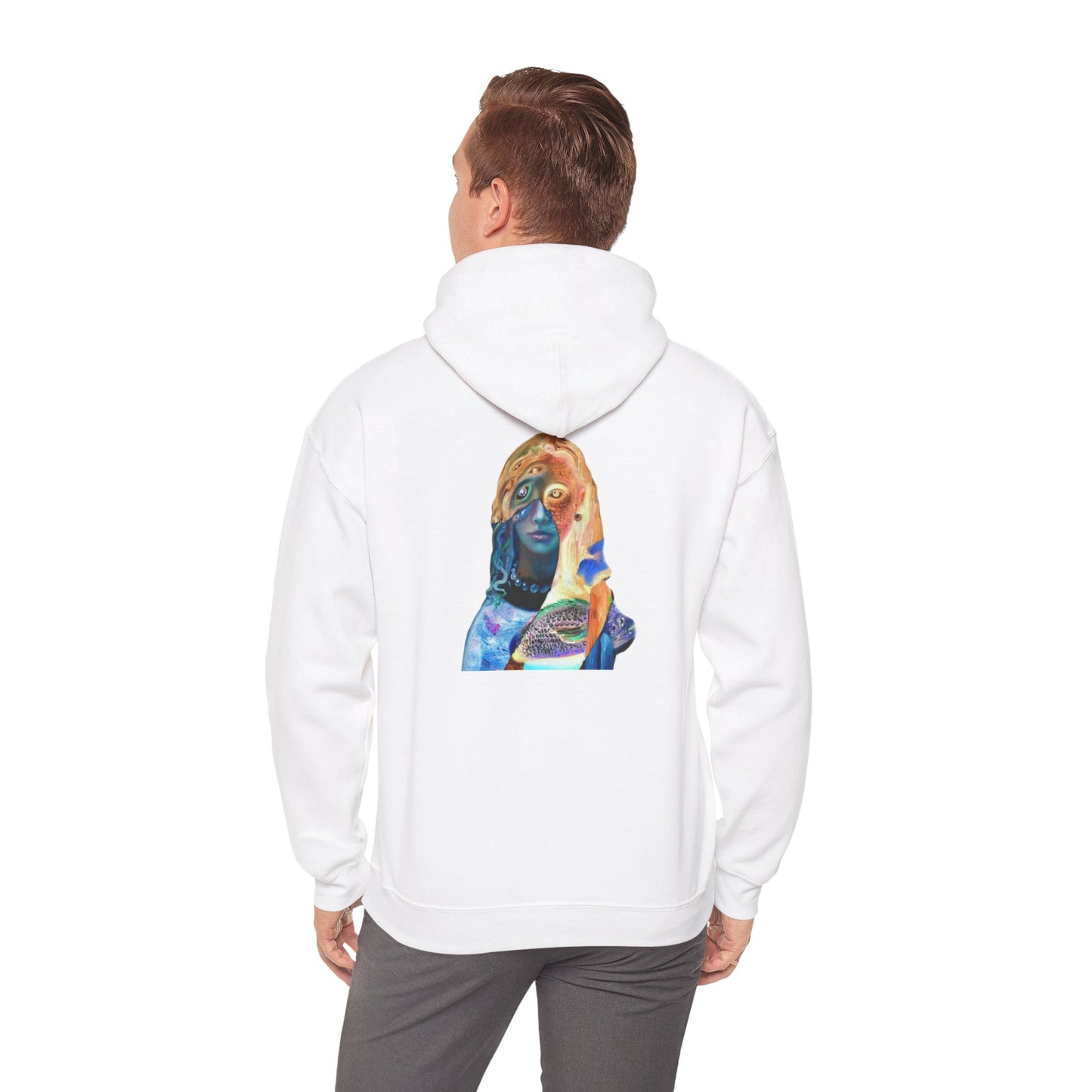 Surreal Portrait Hoodie — 'AMRU' Minimal Front, Colorful Cosmic Back Art