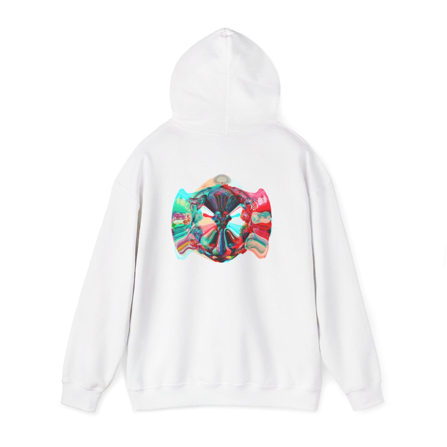 Hoodie — AMRU Minimal Front Logo & Colorful Abstract Back Art