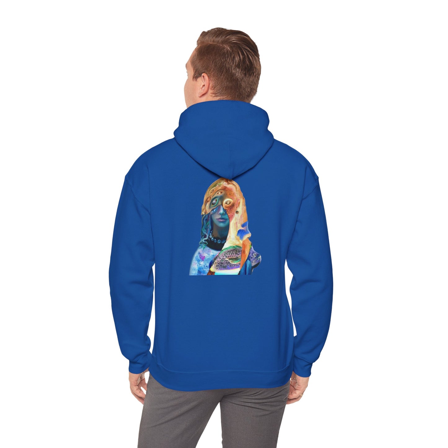 Surreal Portrait Hoodie — 'AMRU' Minimal Front, Colorful Cosmic Back Art