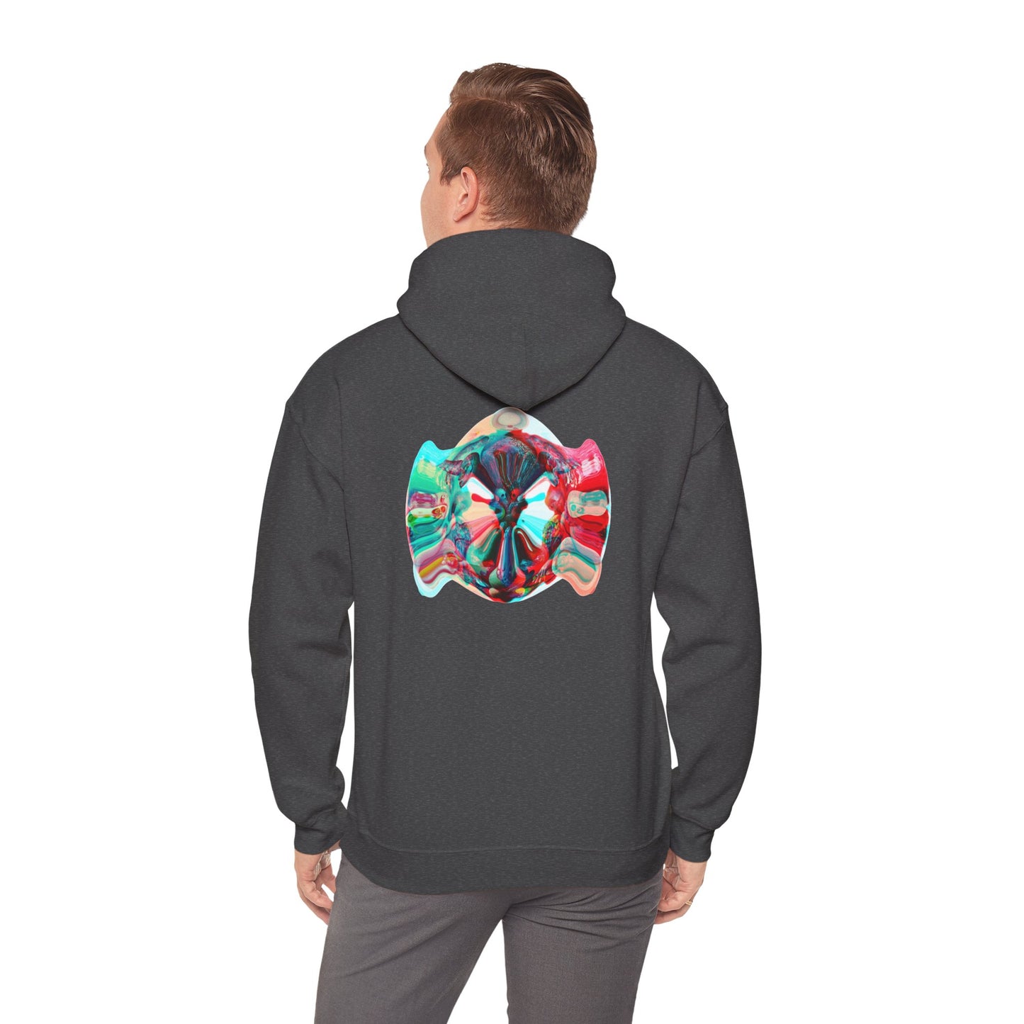 Hoodie — AMRU Minimal Front Logo & Colorful Abstract Back Art
