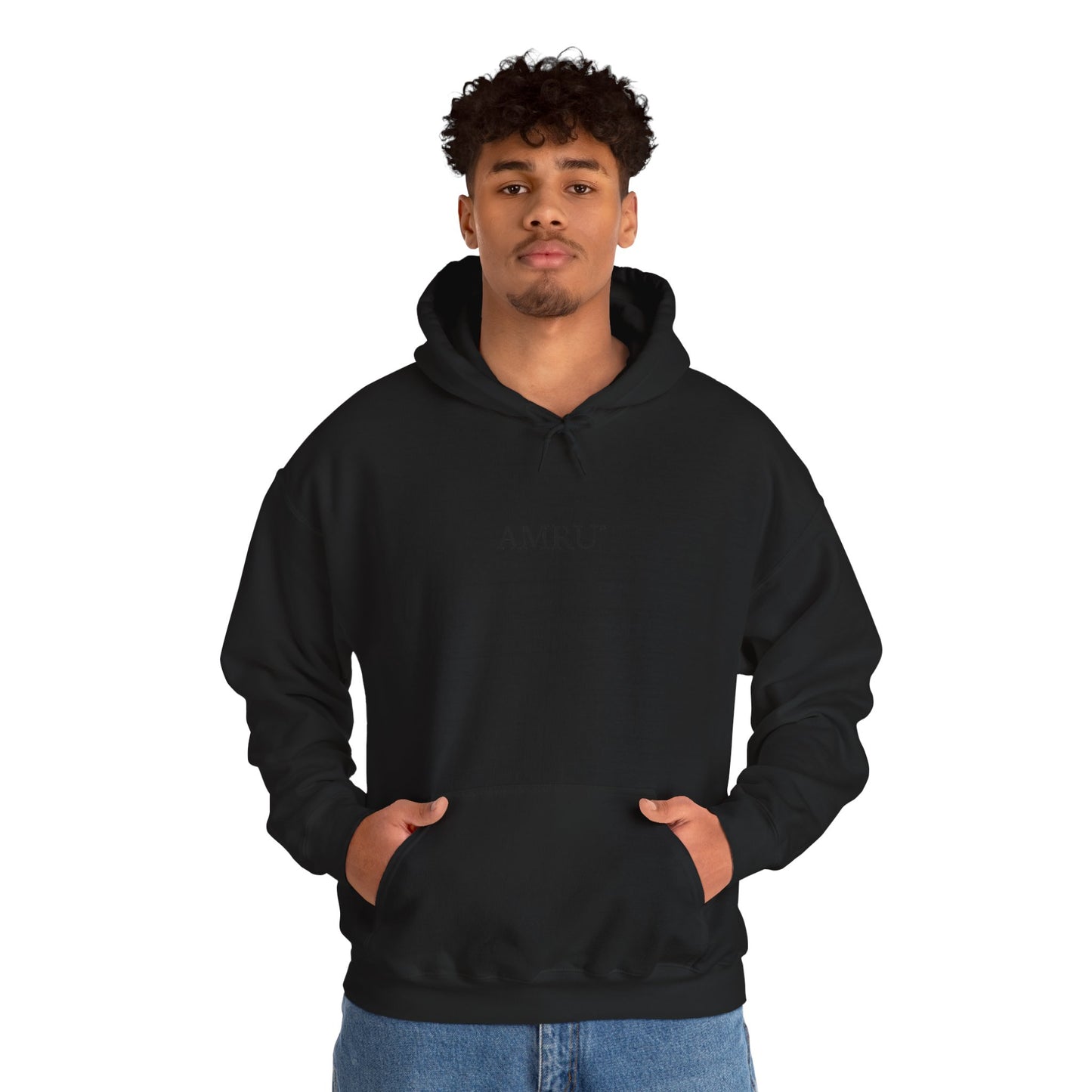 Surreal Portrait Hoodie — 'AMRU' Minimal Front, Colorful Cosmic Back Art