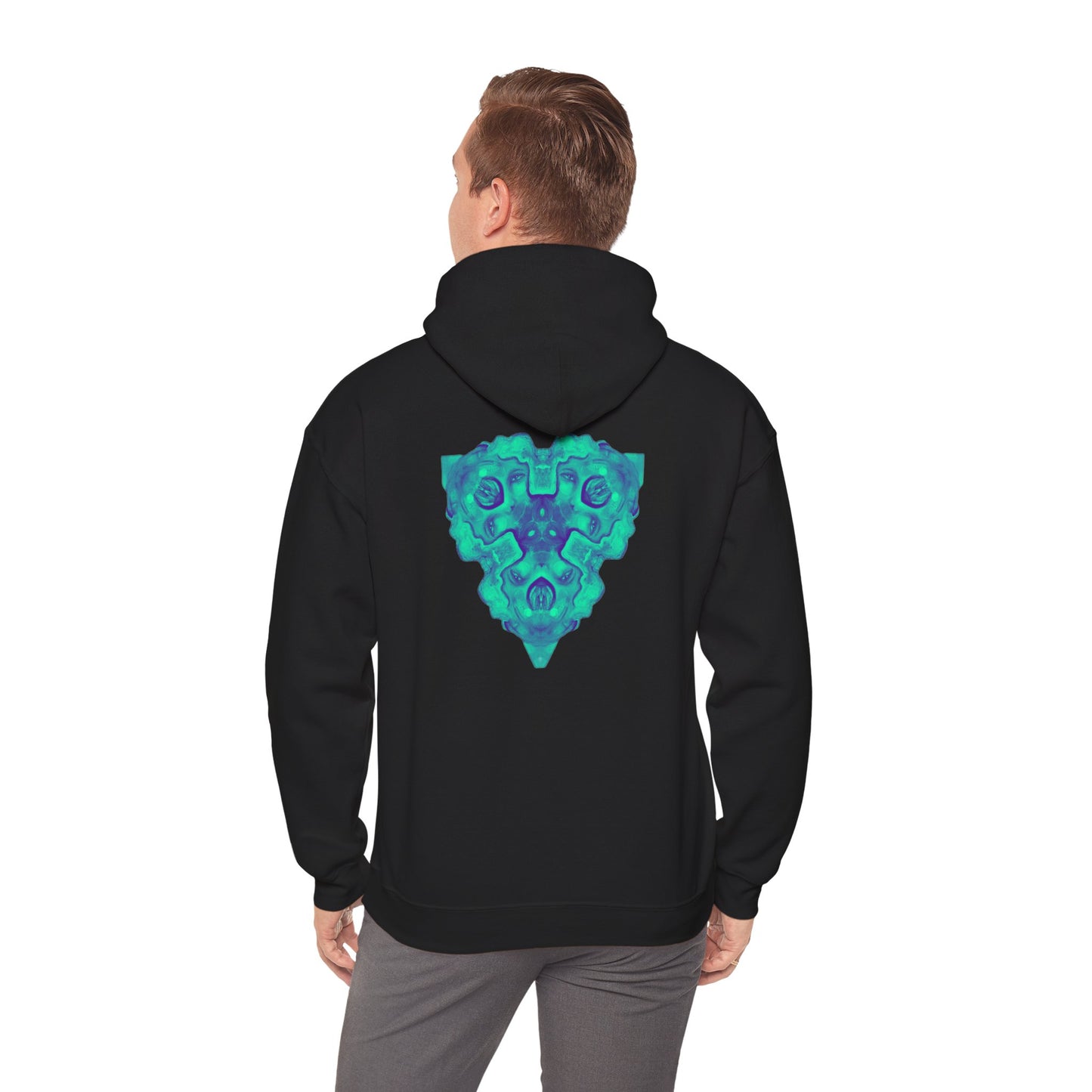 AMRU Minimal Logo Hoodie — Geometric Teal Mandala Back Graphic