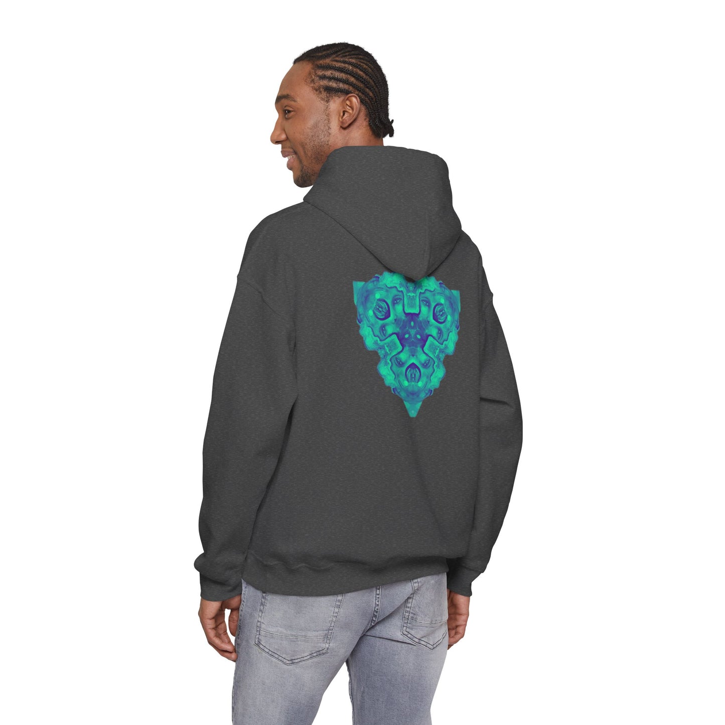 AMRU Minimal Logo Hoodie — Geometric Teal Mandala Back Graphic