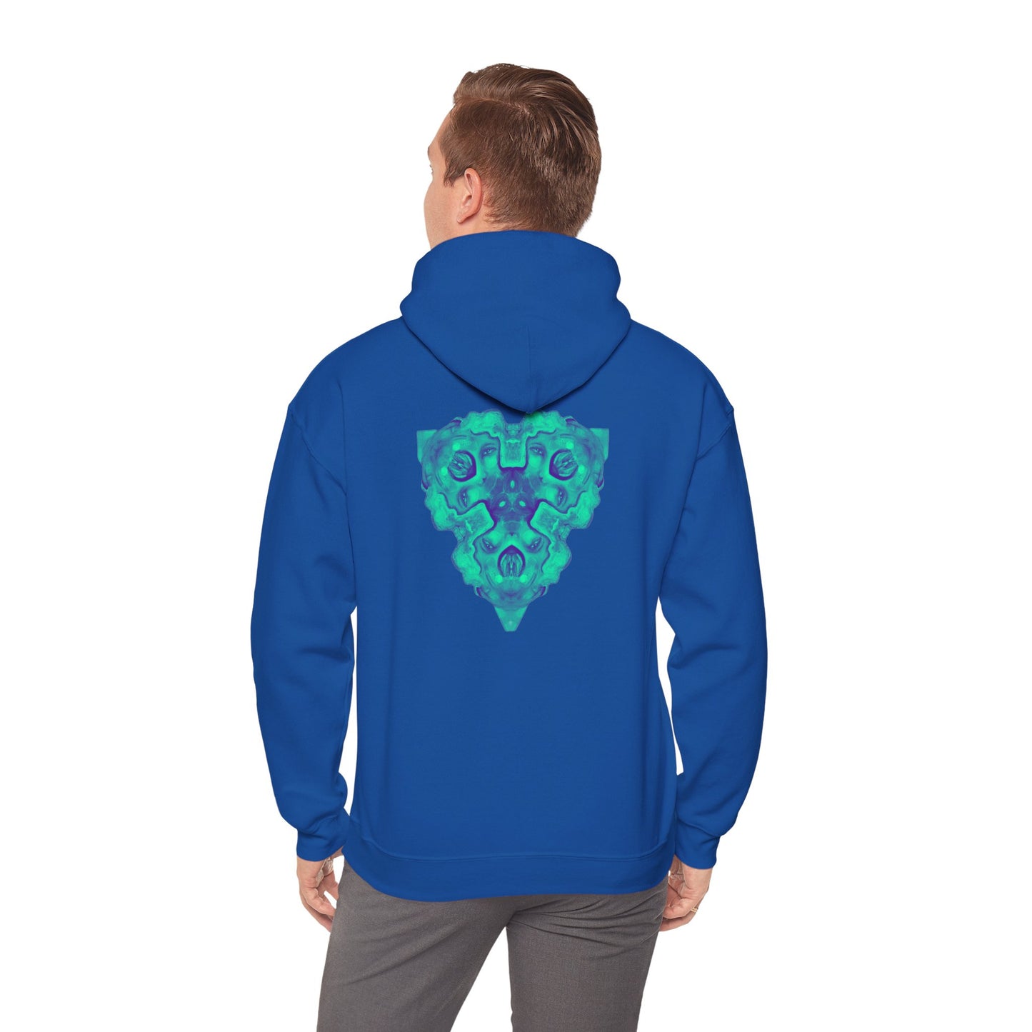 AMRU Minimal Logo Hoodie — Geometric Teal Mandala Back Graphic