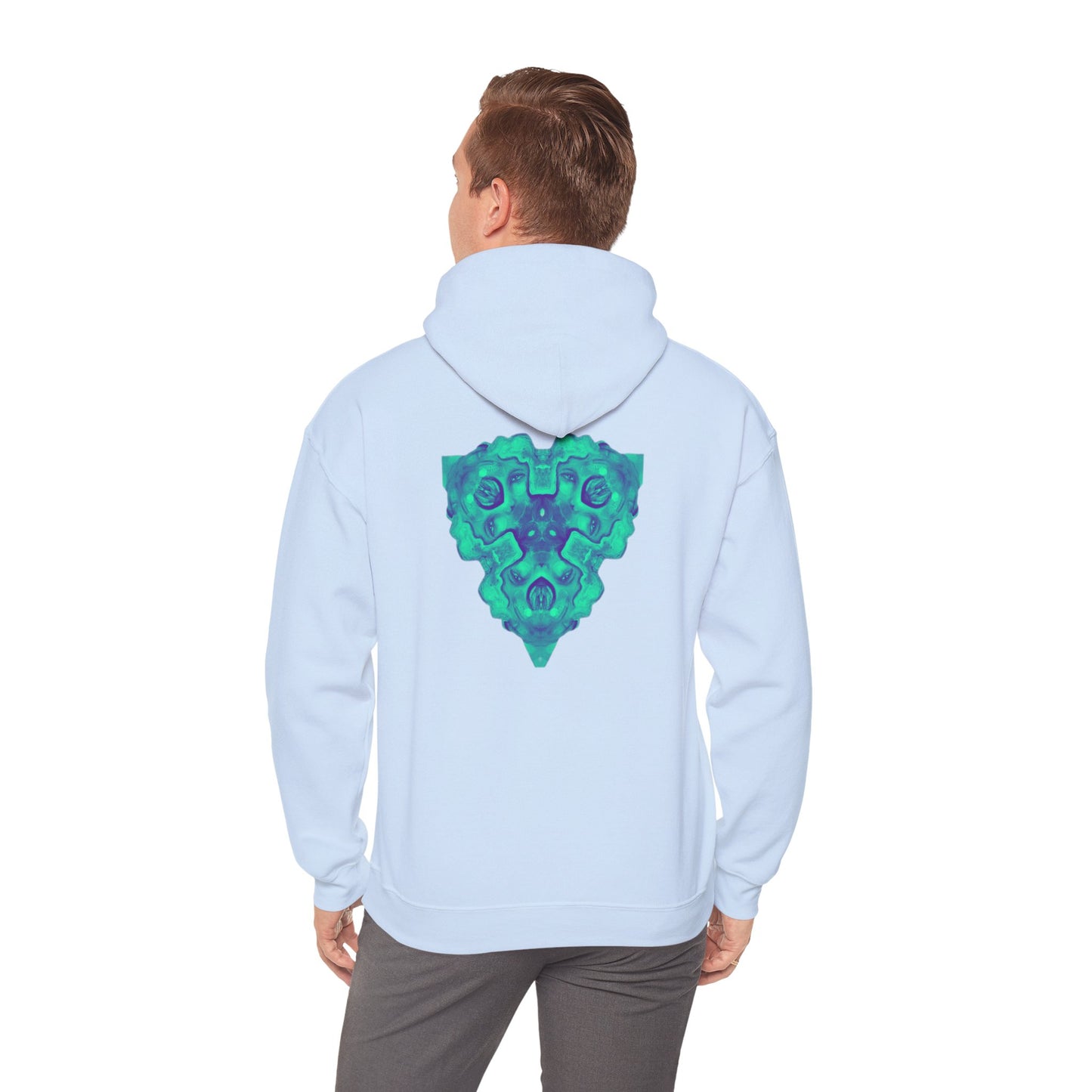 AMRU Minimal Logo Hoodie — Geometric Teal Mandala Back Graphic