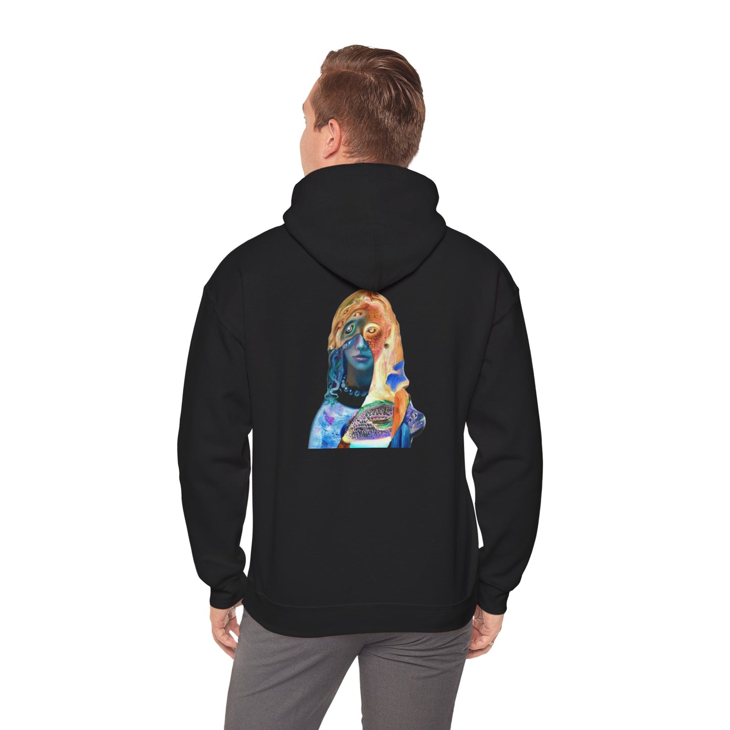 Surreal Portrait Hoodie — 'AMRU' Minimal Front, Colorful Cosmic Back Art