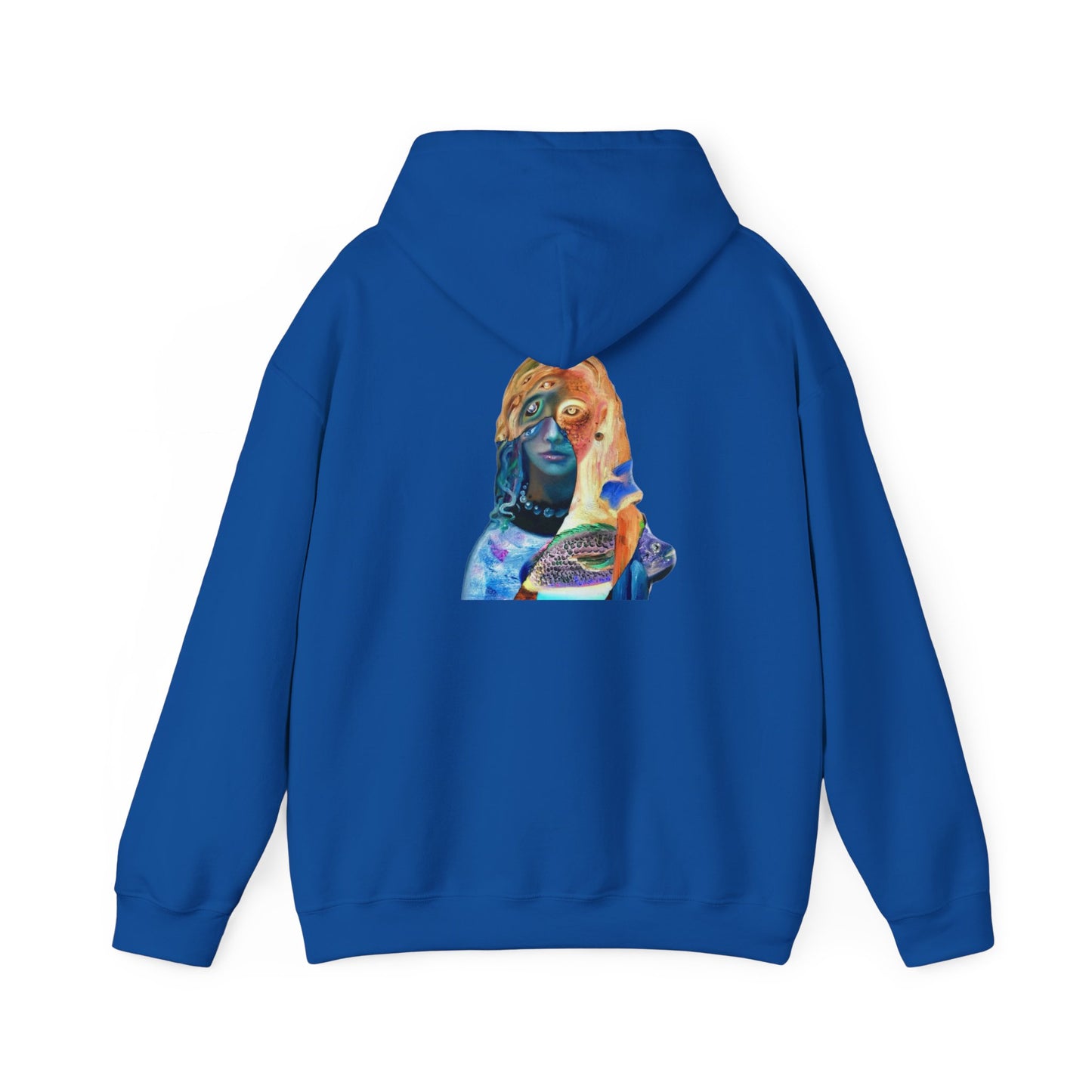 Surreal Portrait Hoodie — 'AMRU' Minimal Front, Colorful Cosmic Back Art