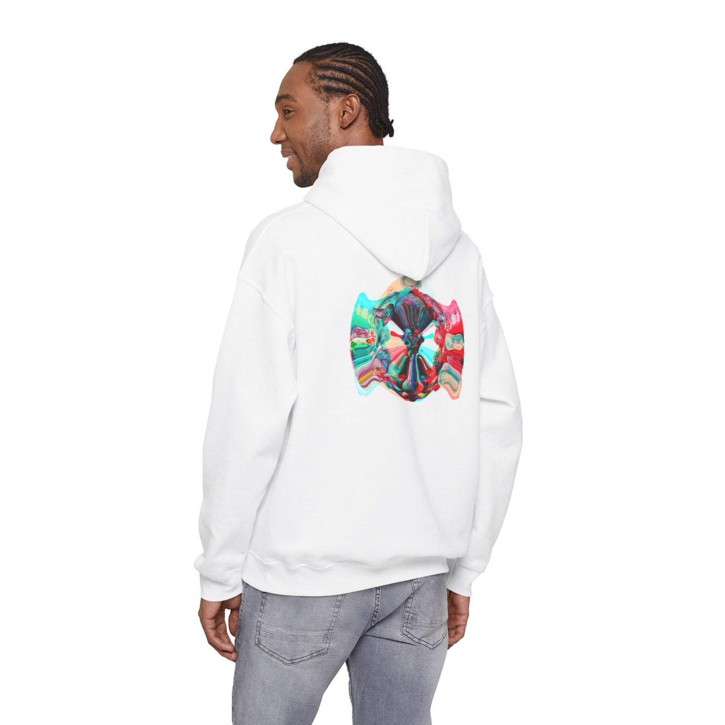 Hoodie — AMRU Minimal Front Logo & Colorful Abstract Back Art