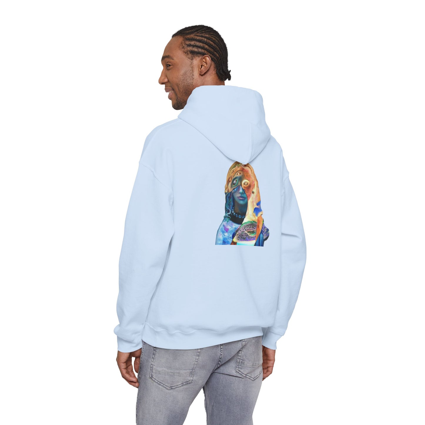 Surreal Portrait Hoodie — 'AMRU' Minimal Front, Colorful Cosmic Back Art